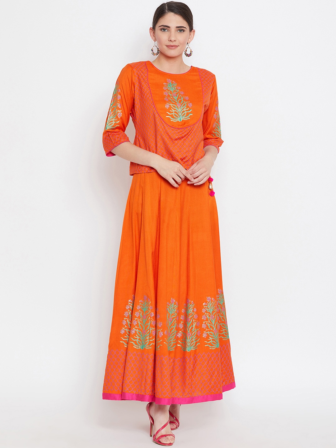 

Bitterlime Women Orange Printed Top with Skirt