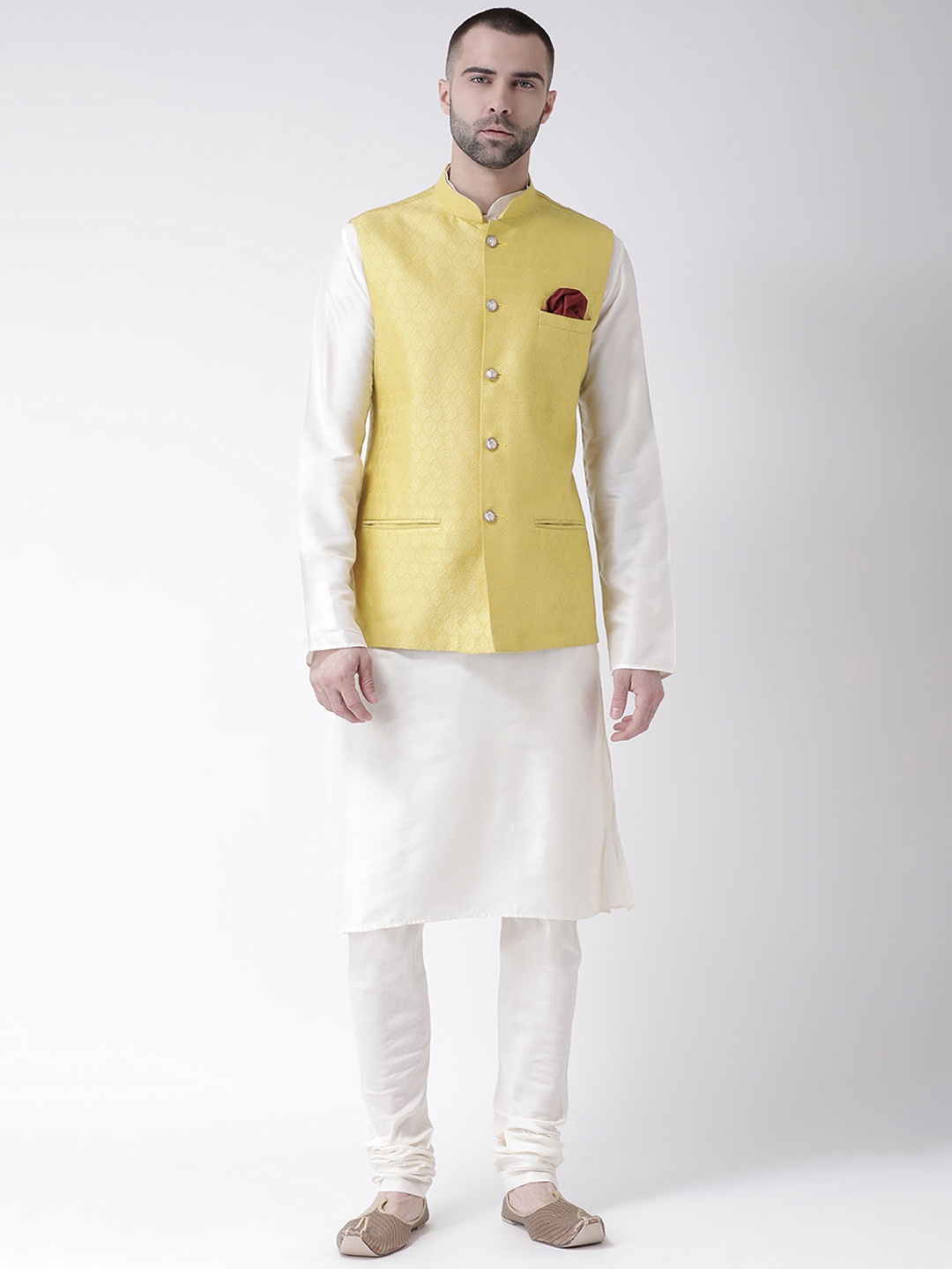 KISAH Men White Solid Kurta with Churidar & Yellow Nehru Jacket