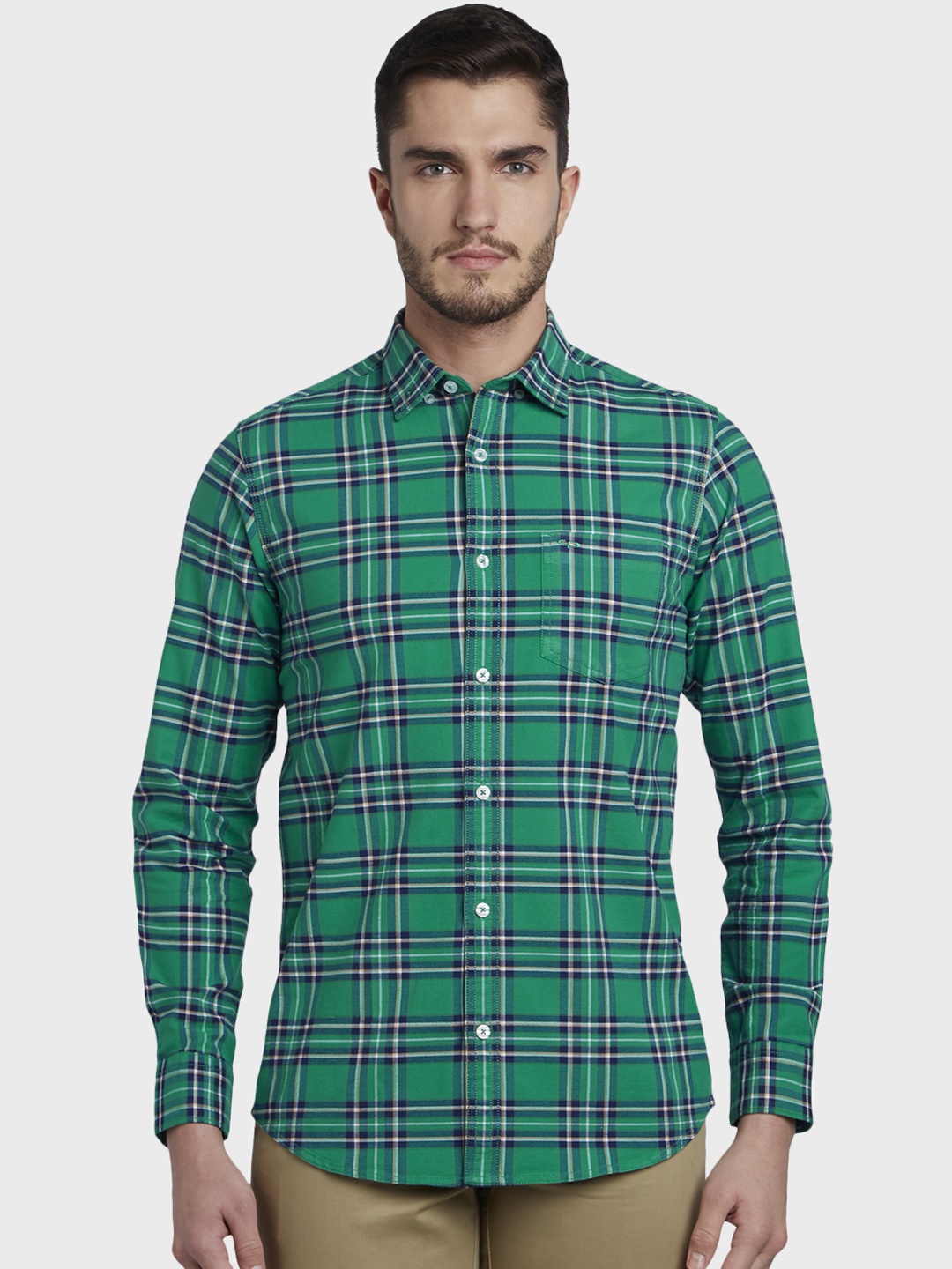 

ColorPlus Men Green & Blue Regular Fit Checked Casual Shirt