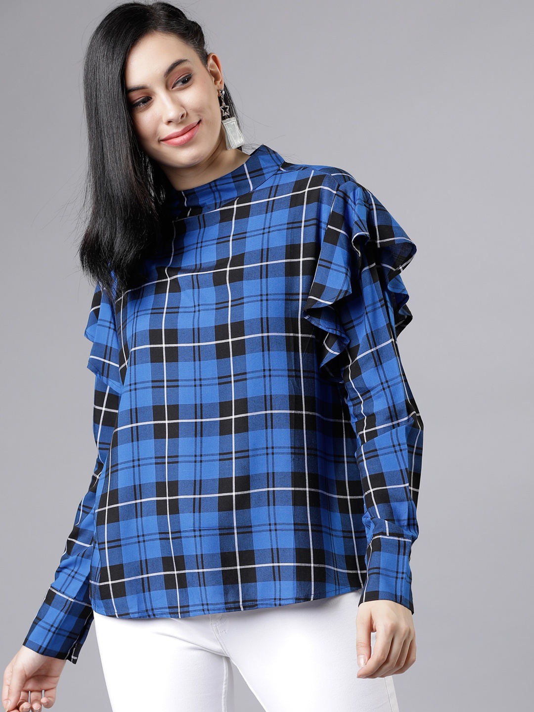 

Tokyo Talkies Women Blue & Black Checked A-Line Top