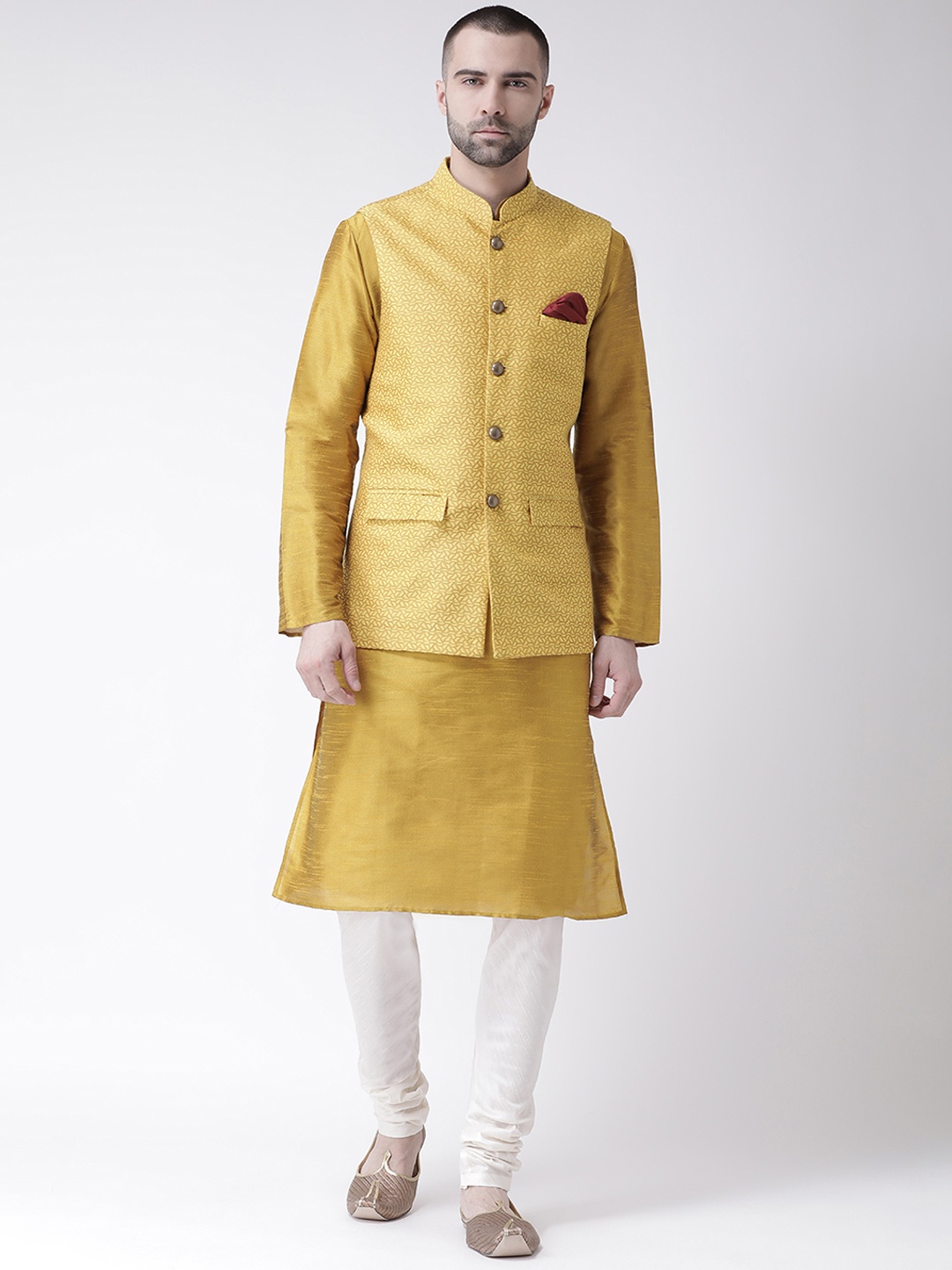 

KISAH Men Yellow & White Kurta with Churidar & Self Design Nehru Jacket