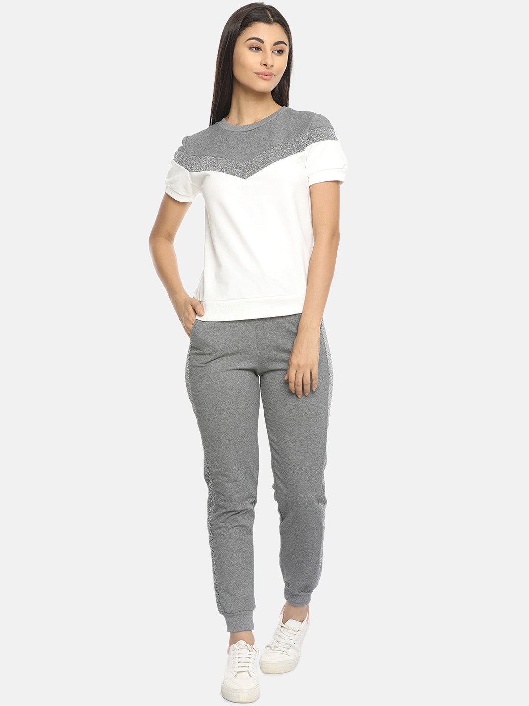 

ISU Women Grey & White Colourblocked Co-ord Set