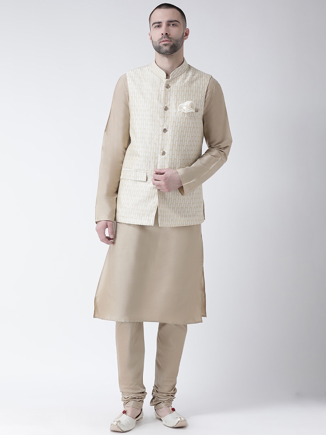 

KISAH Men Beige & Cream-Coloured Solid Churidar Kurta with Nehru Jacket