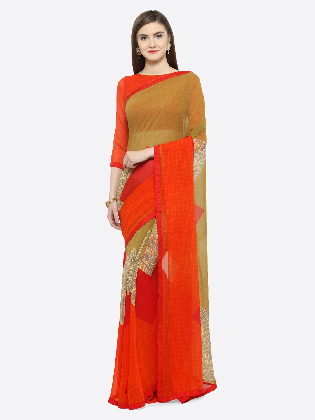 

Shaily Beige & Orange Pure Georgette Printed Saree