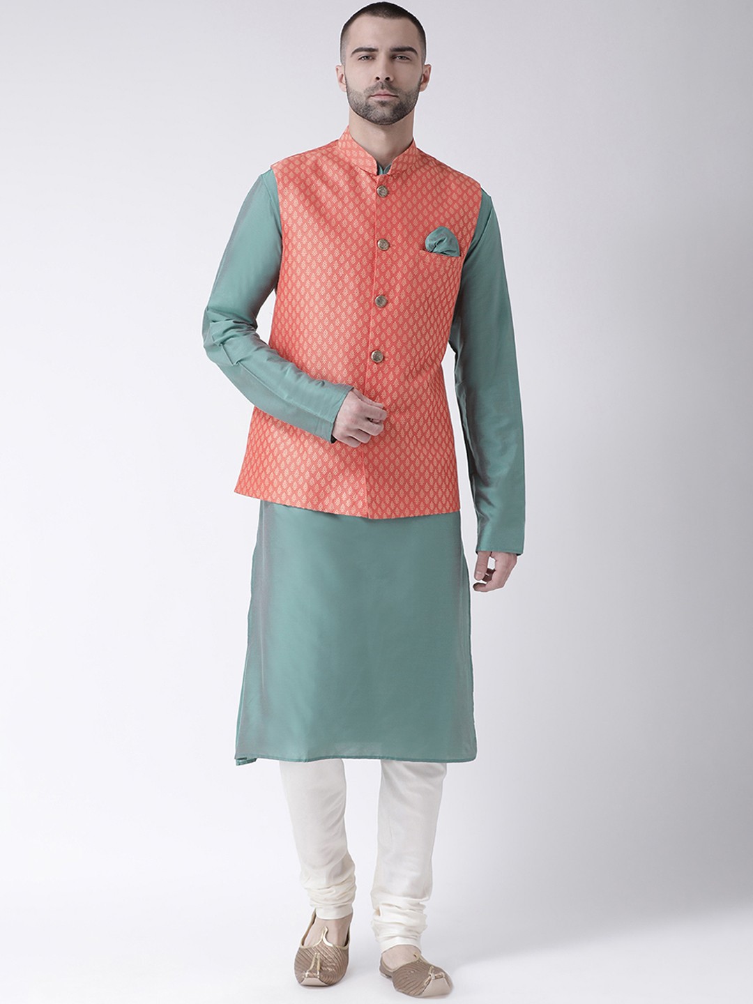 

KISAH Men Teal Green & White Solid Churidar Kurta with Nehru Jacket