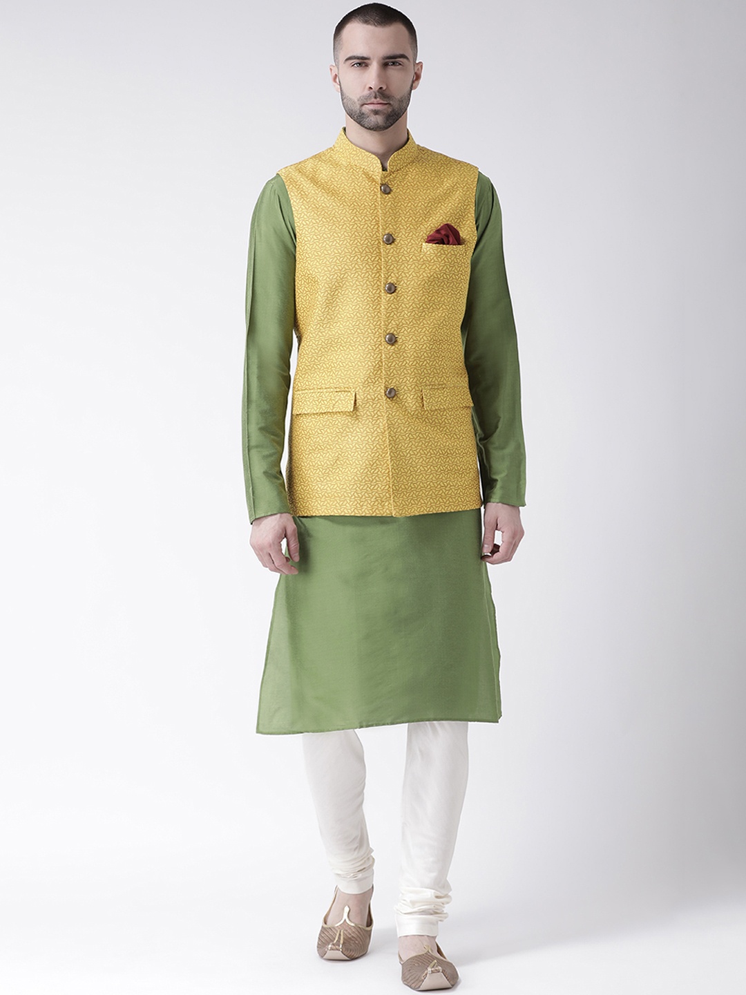 

KISAH Men Yellow & Green Printed Churidar Kurta with Nehru Jacket