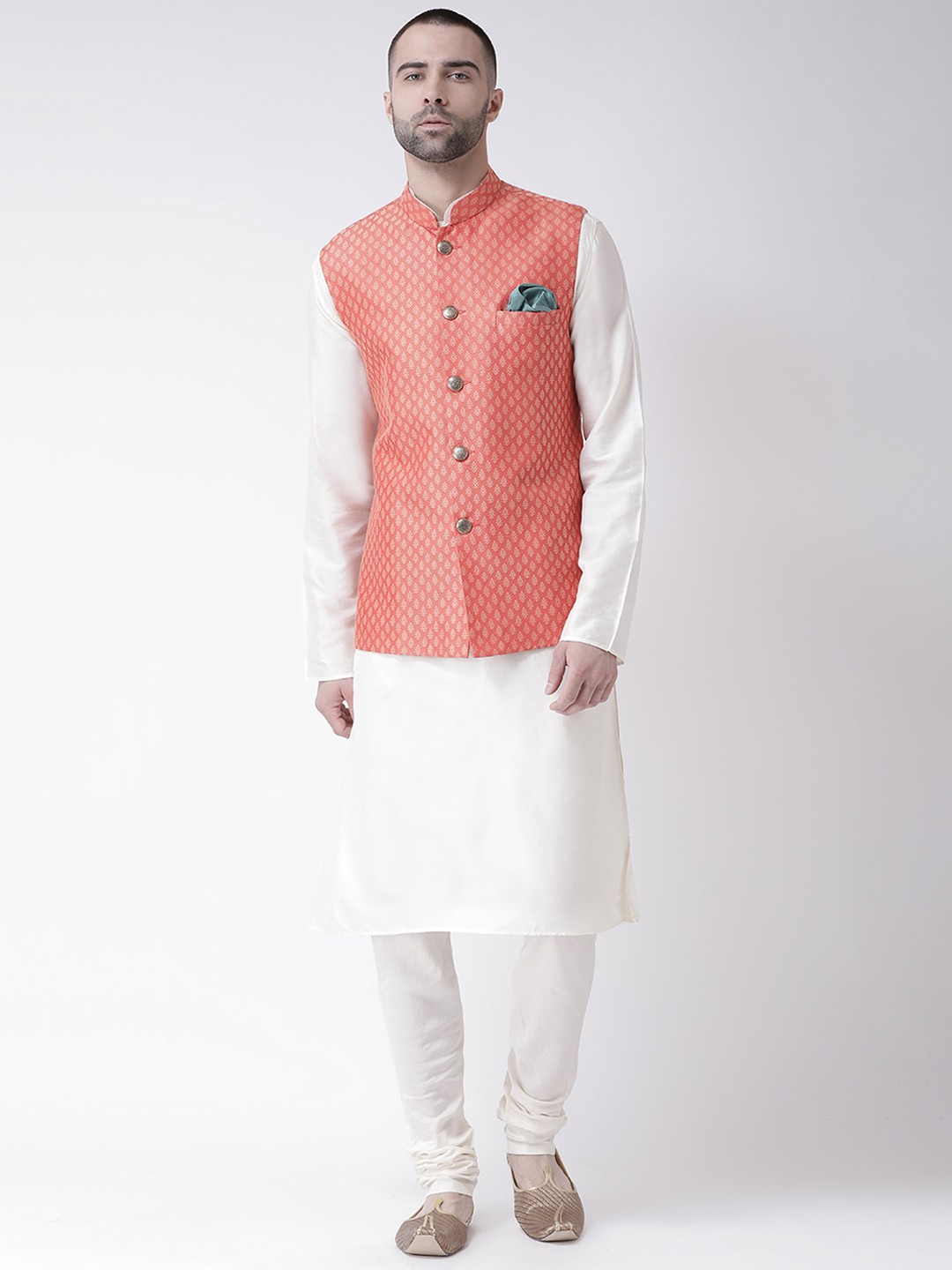 

KISAH Men White Solid Kurta with Churidar & Coral Red Self Design Nehru Jacket