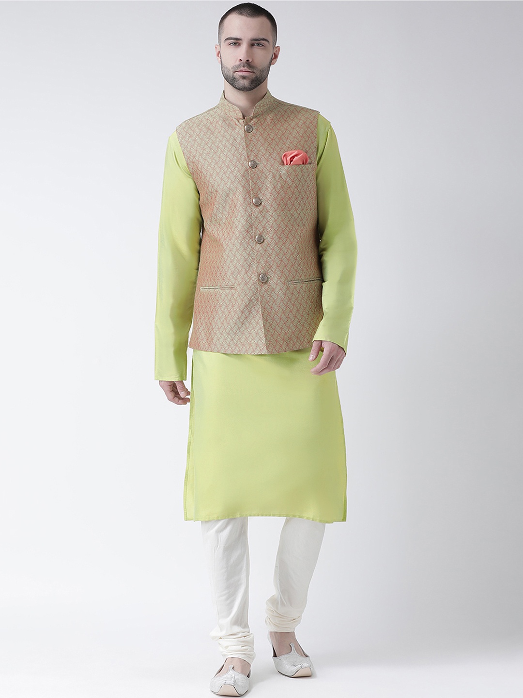 

KISAH Men White & Green Printed Kurta with Churidar & Nehru Jacket