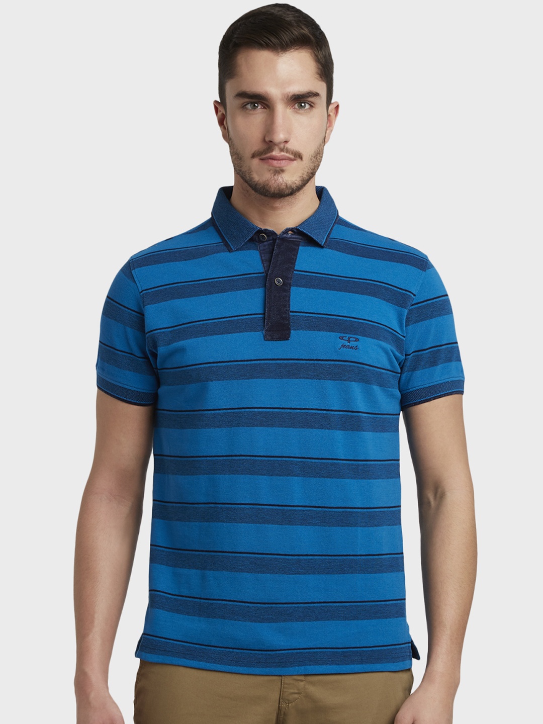 ColorPlus Men Blue Striped Polo Collar T-shirt