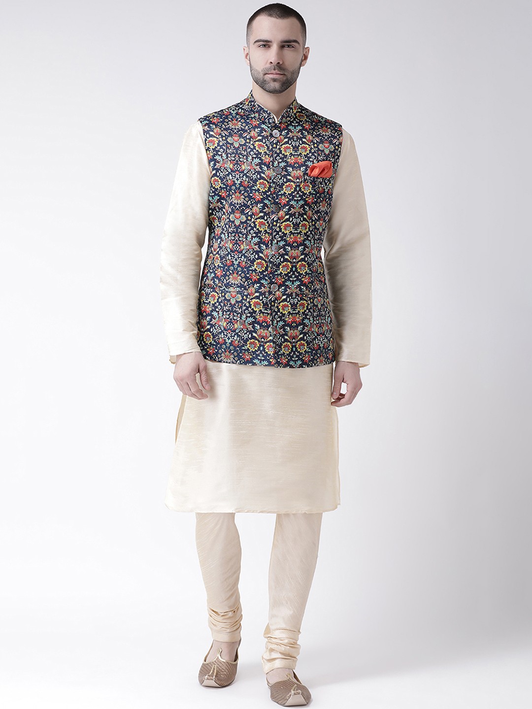 

KISAH Men Cream-Coloured Solid Kurta with Churidar & Multicoloured Printed Nehru Jacket, Multi