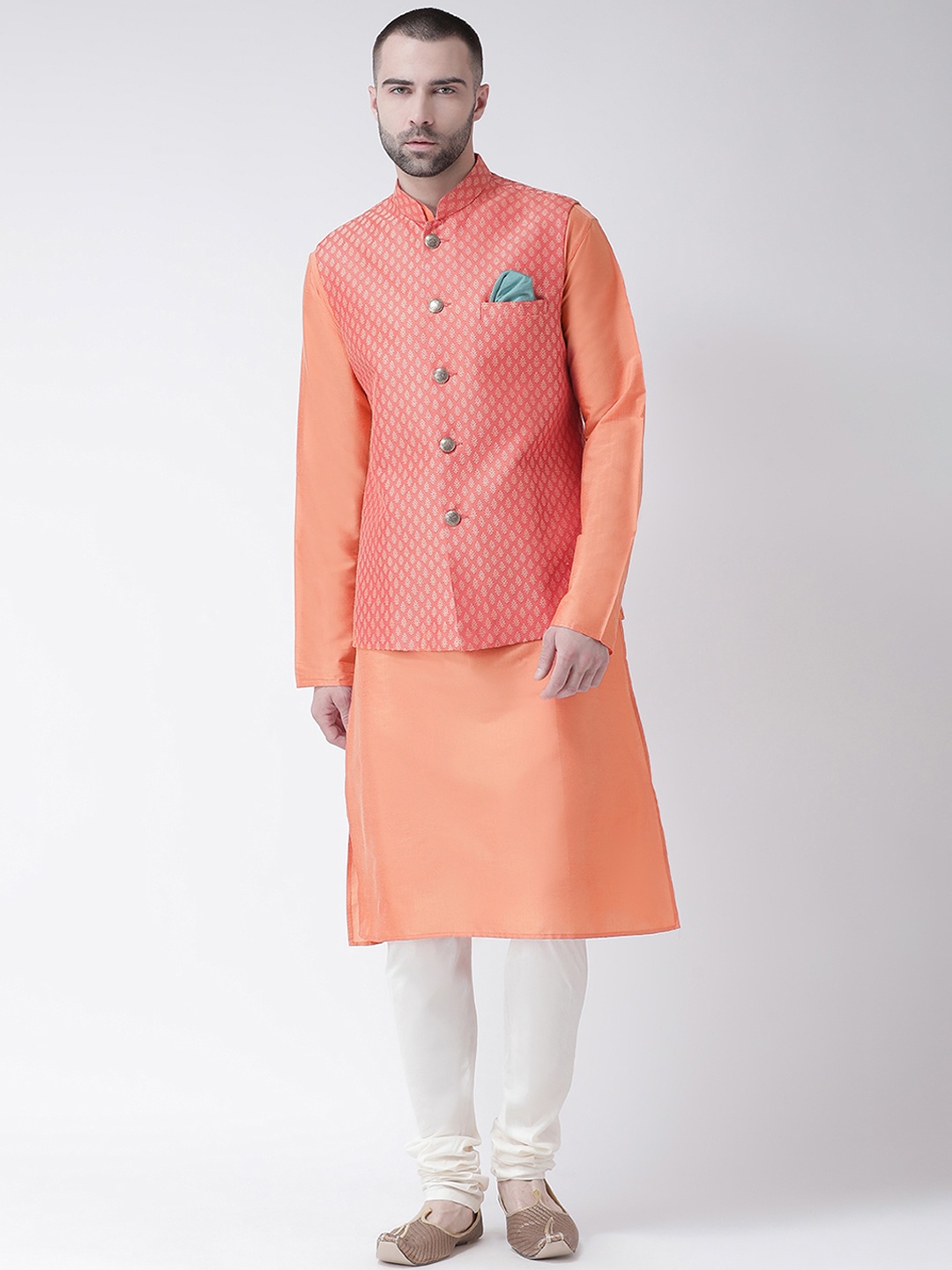 

KISAH Men Orange & White Solid Churidar Kurta with Nehru Jacket
