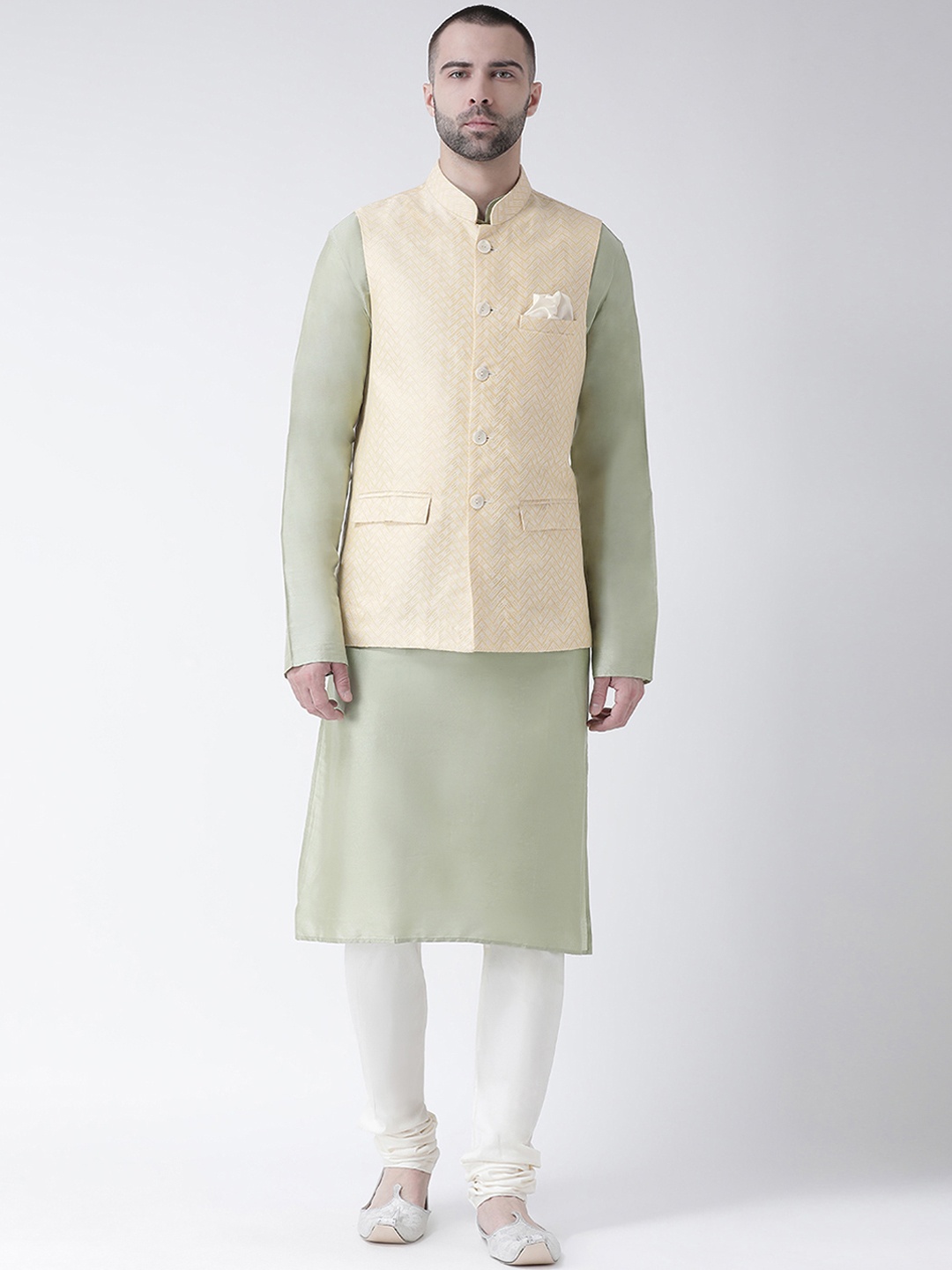 

KISAH Men Green & White Solid Kurta with Churidar & Creme-Coloured Nehru Jacket, Cream