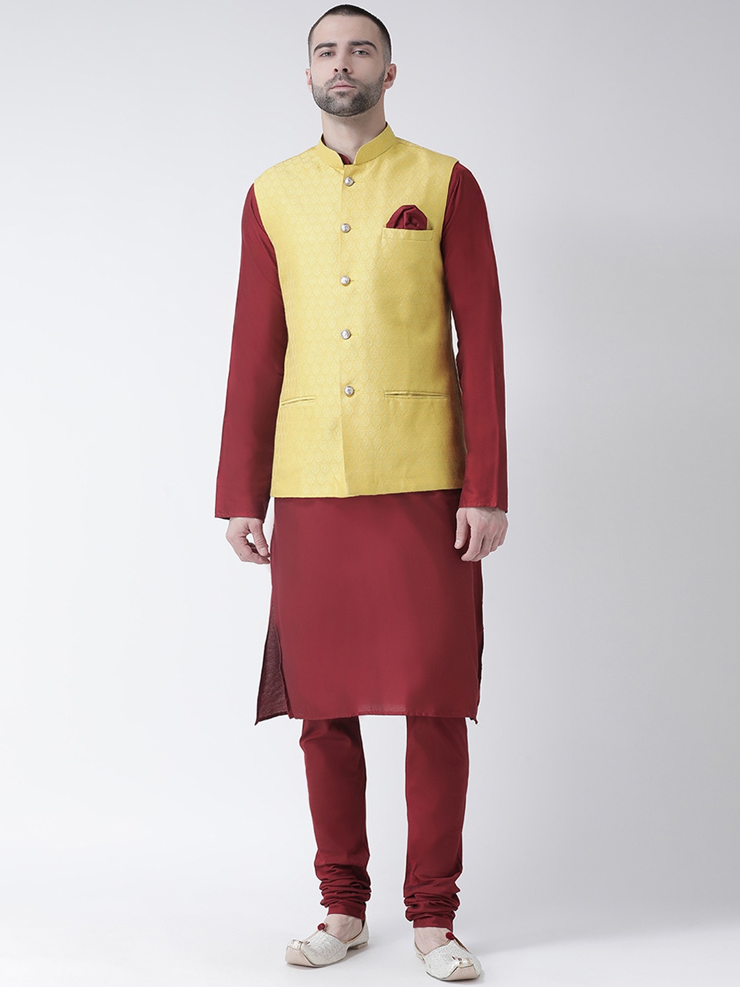 

KISAH Men Maroon Self-Design Churidar Kurta with Nehru Jacket