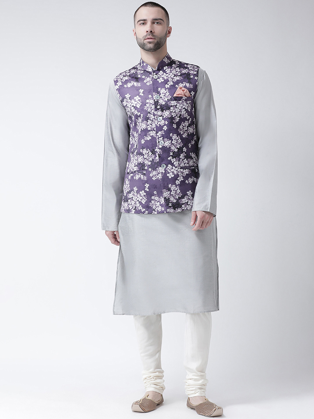 

KISAH Men Purple Printed Kurta with Churidar & Nehru Jacket
