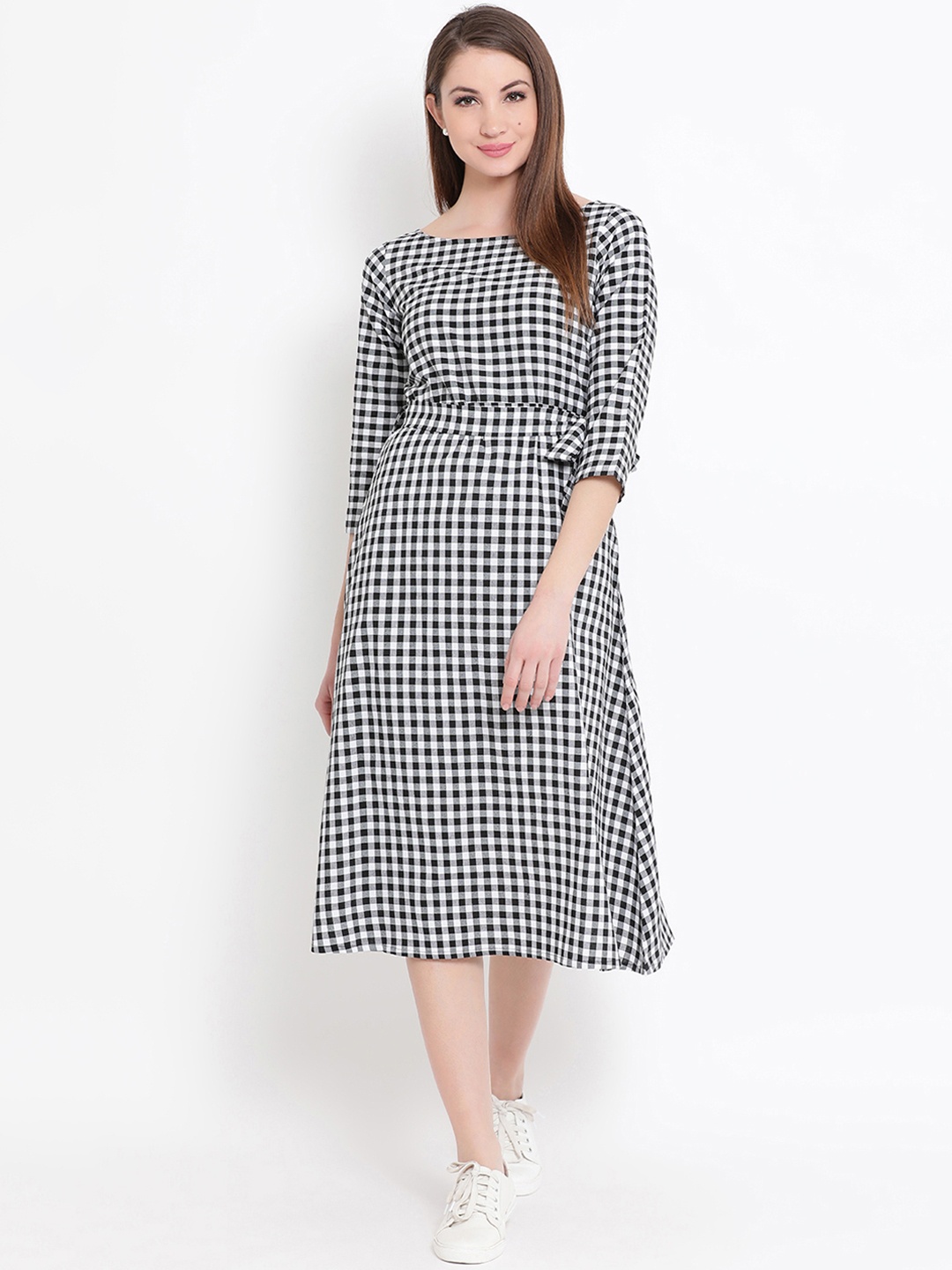

FABNEST Women Black Checked Fit and Flare Dress