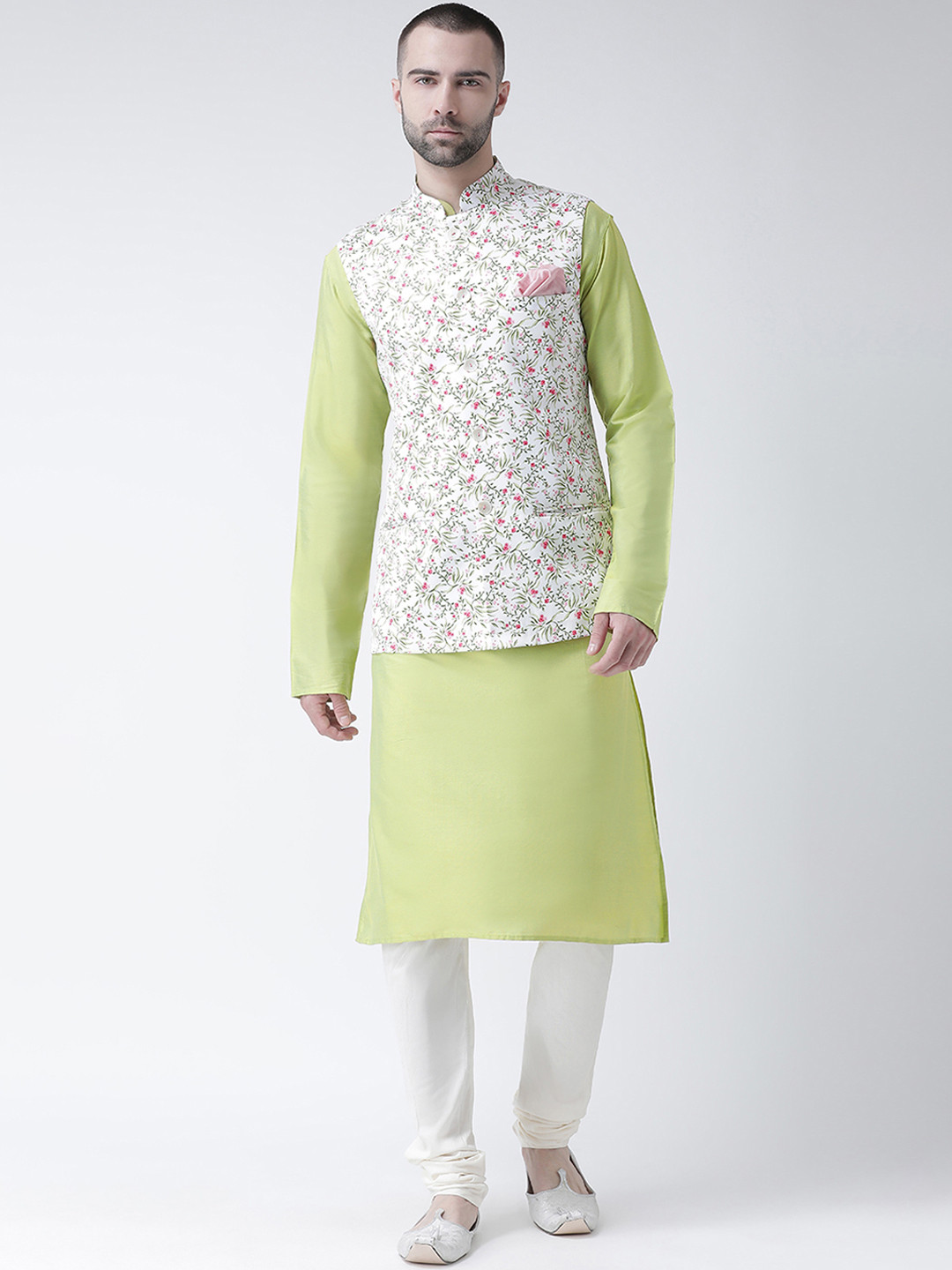 

KISAH Men White & Lime Green Printed Kurta with Churidar & Nehru Jacket