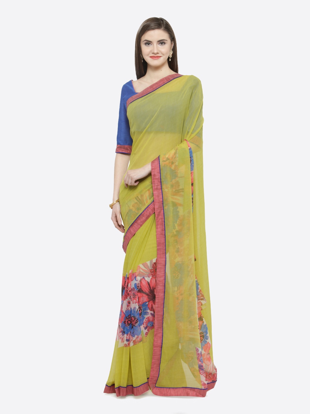 

Shaily Yellow & Pink Pure Georgette Printed Saree