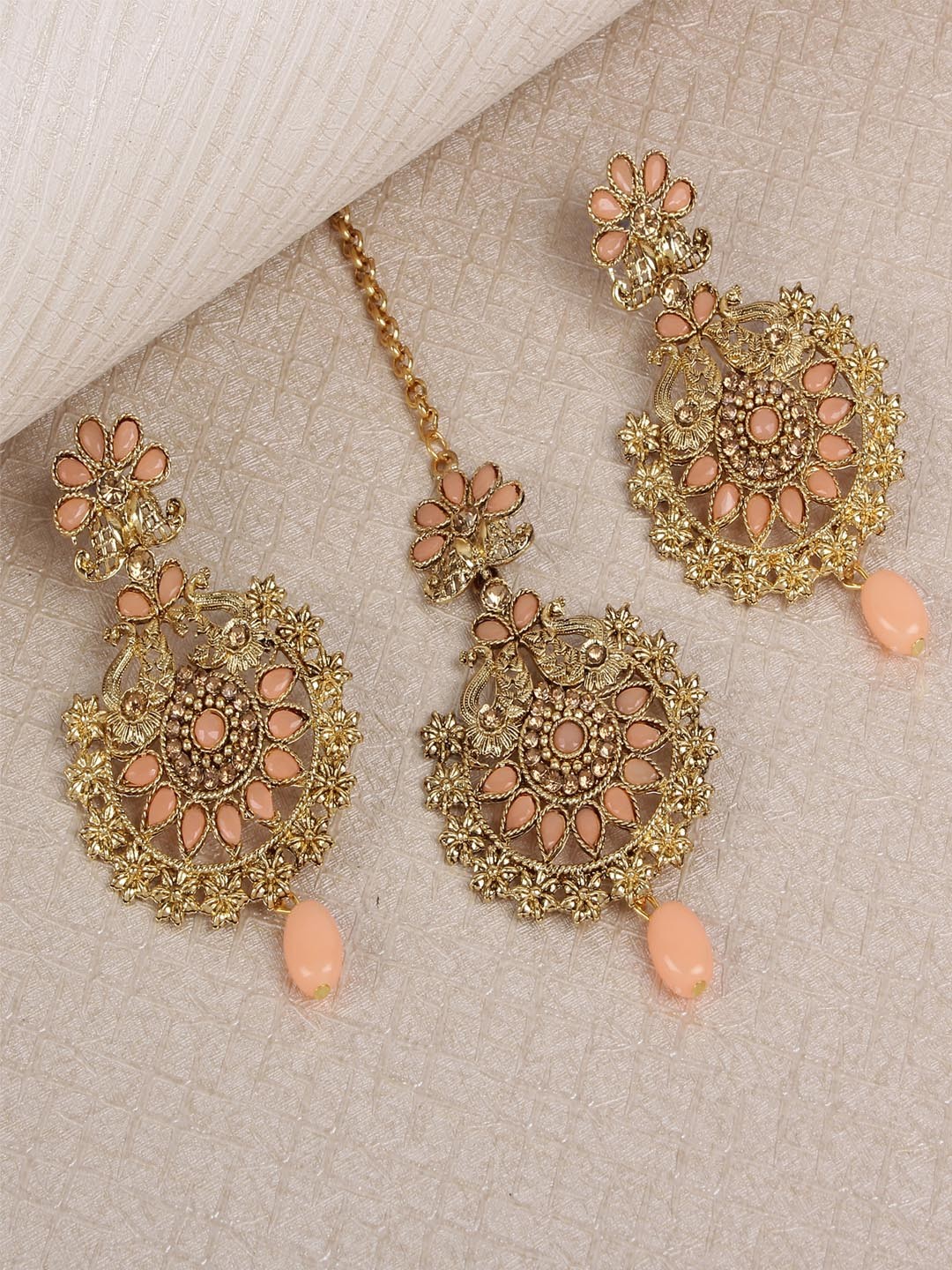 

Shining Diva Women Gold-Plated & Peach-Coloured Stone Embellished Jewellery Set