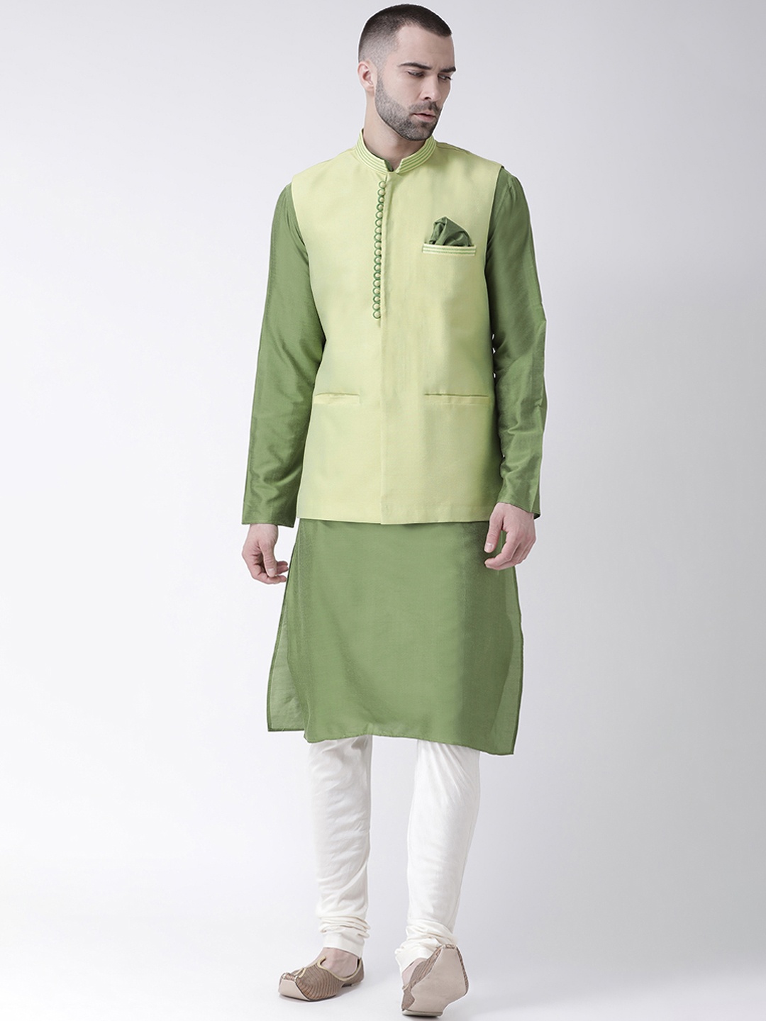 

KISAH Men Lime Green Solid Kurta with Churidar & Nehru Jacket