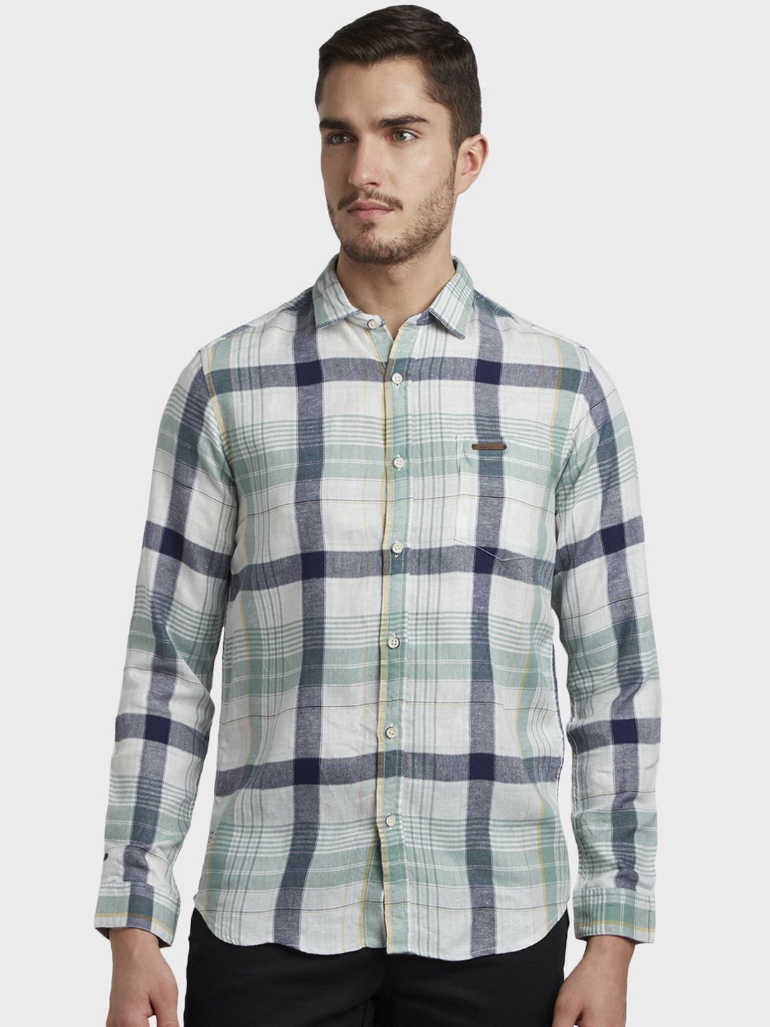 ColorPlus Men Green & Blue Regular Fit Checked Casual Shirt