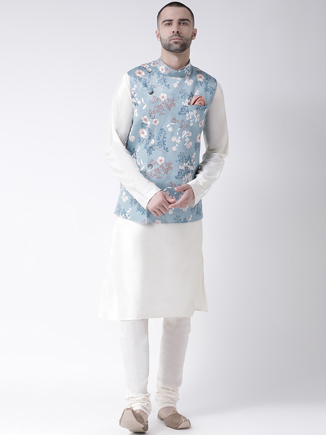 

KISAH Men Blue Printed Kurta with Churidar & Nehru Jacket