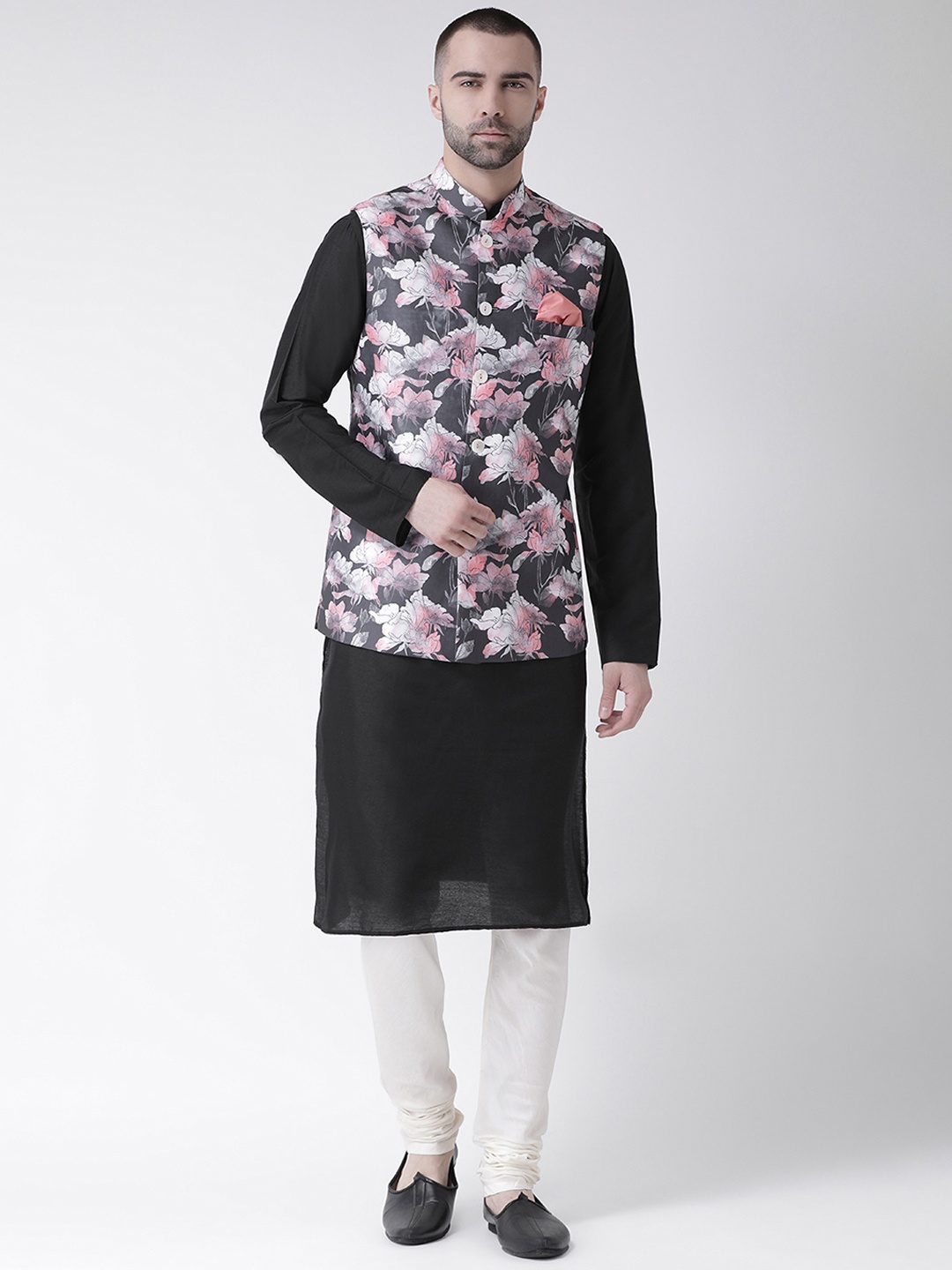 KISAH Men Black & White Kurta with Churidar & Printed Nehru Jacket