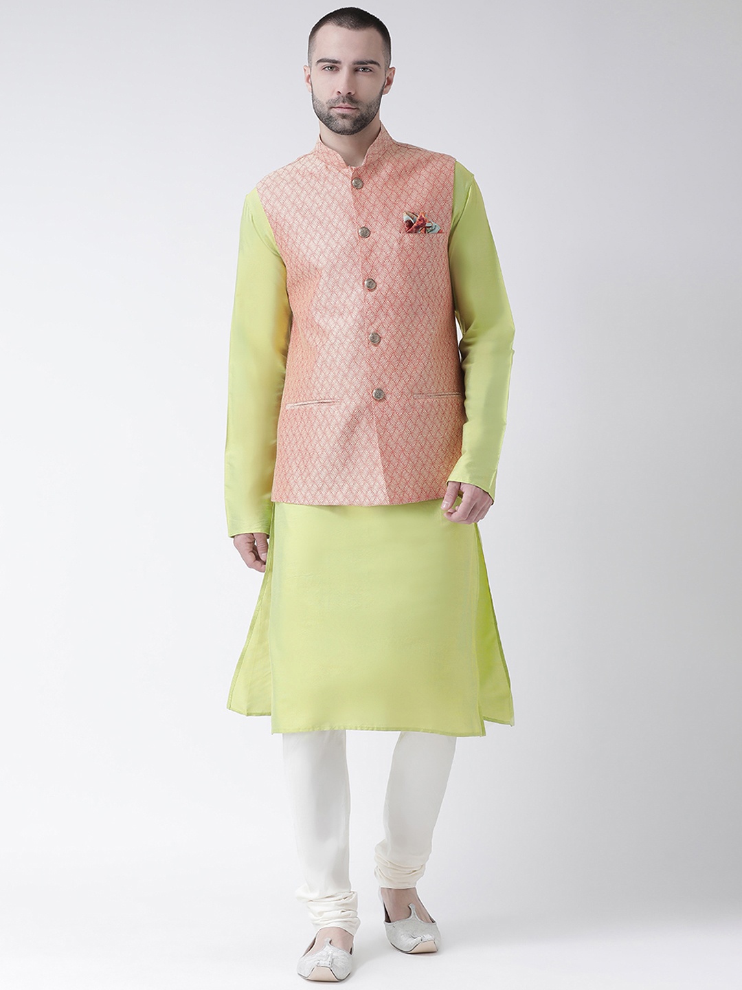 

KISAH Men Lime Green & White Solid Kurta with Churidar & Rose Gold Nehru Jacket