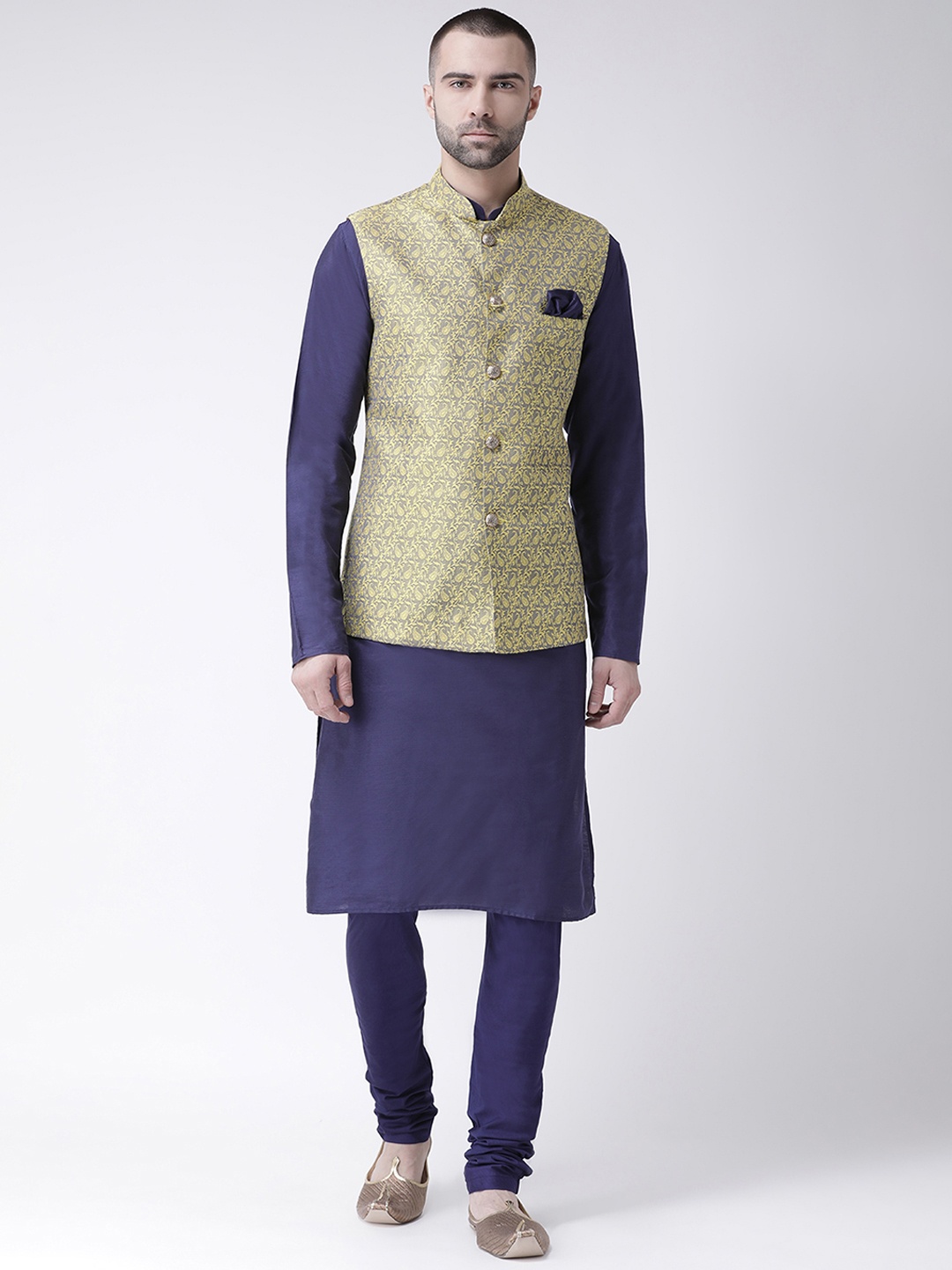

KISAH Men Navy Blue Kurta with Churidar & Beige Self Design Nehru Jacket