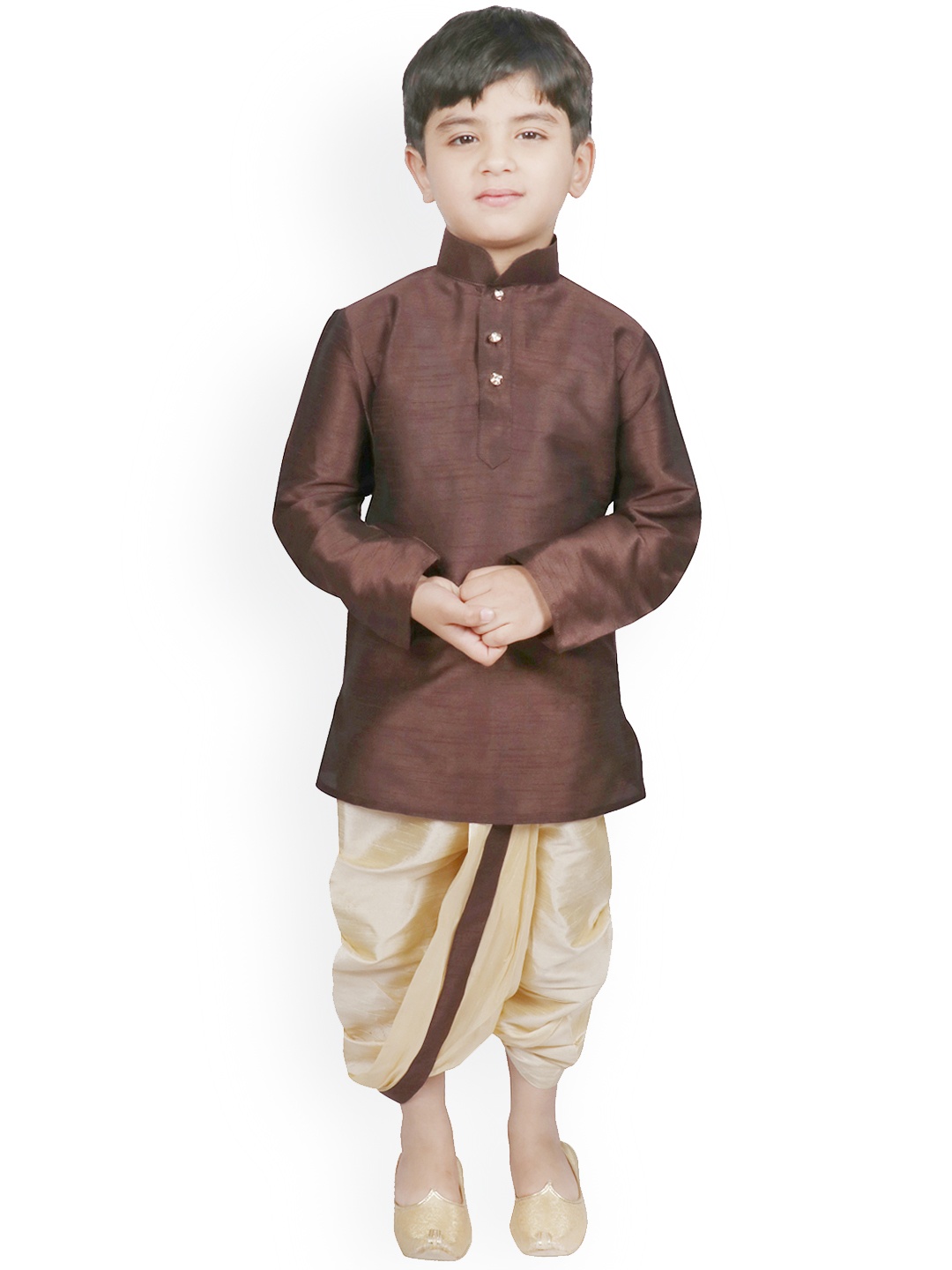 SG YUVRAJ Boys Brown & Beige Solid Raw Silk Panchakattu