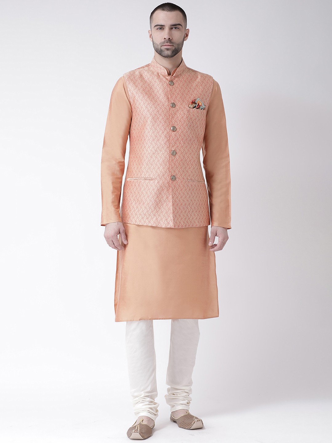 

Kisah Men's Rose Gold Jacquard Nehru Jacket with Kurta and Churidar Set, Peach