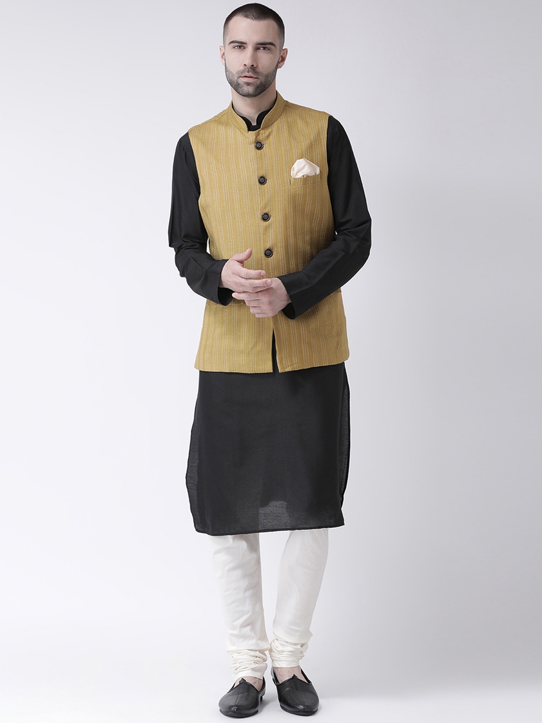 

KISAH Men Black & White Solid Kurta with Churidar & Beige Self Design Nehru Jacket