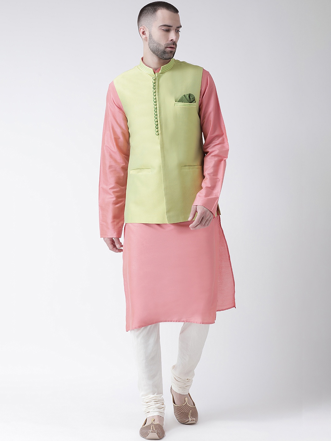 

KISAH Men Pink & White Solid Churidar Kurta with Nehru Jacket