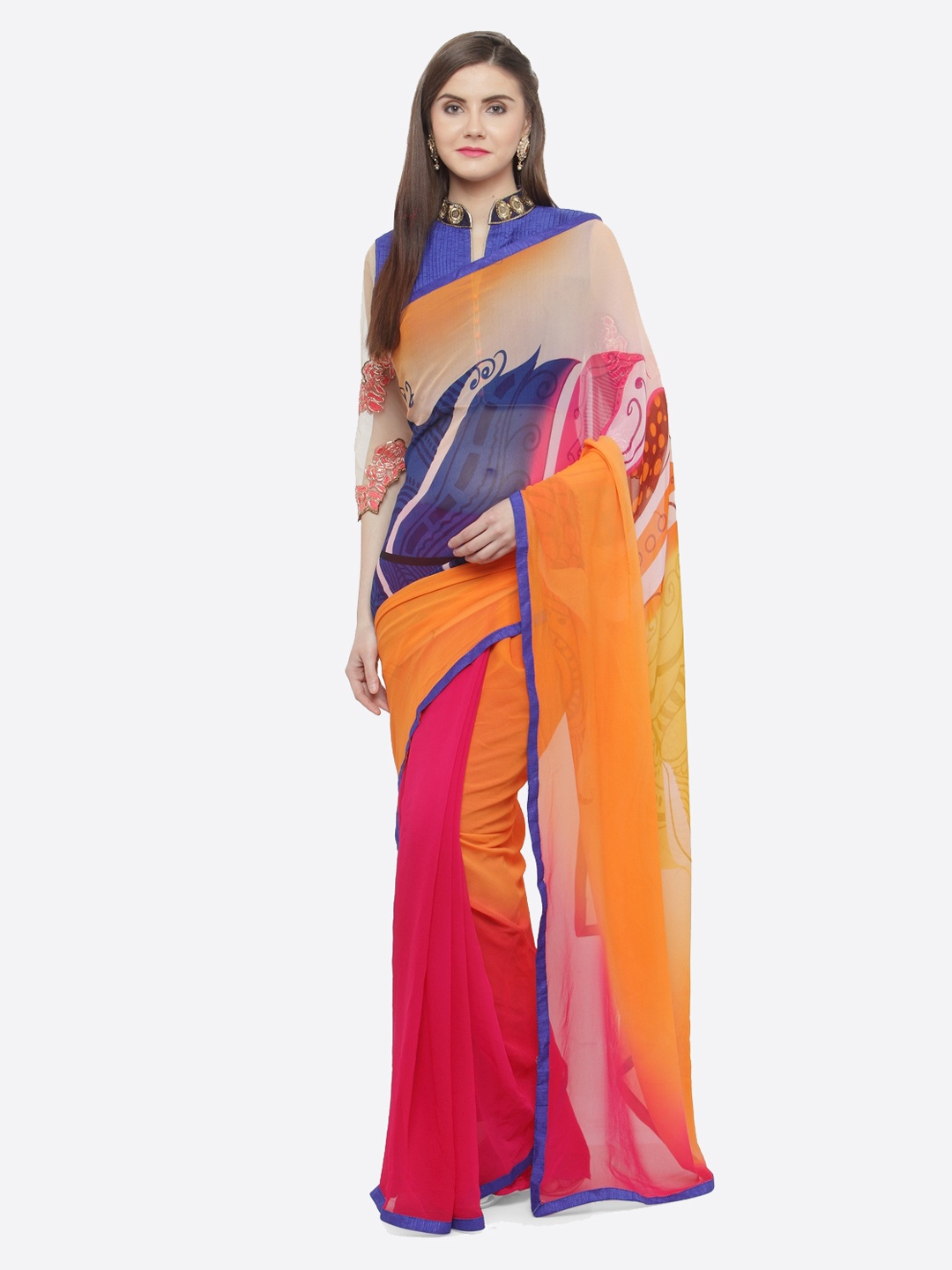 

Shaily Women Orange & Pink Pure Georgette Printed Saree