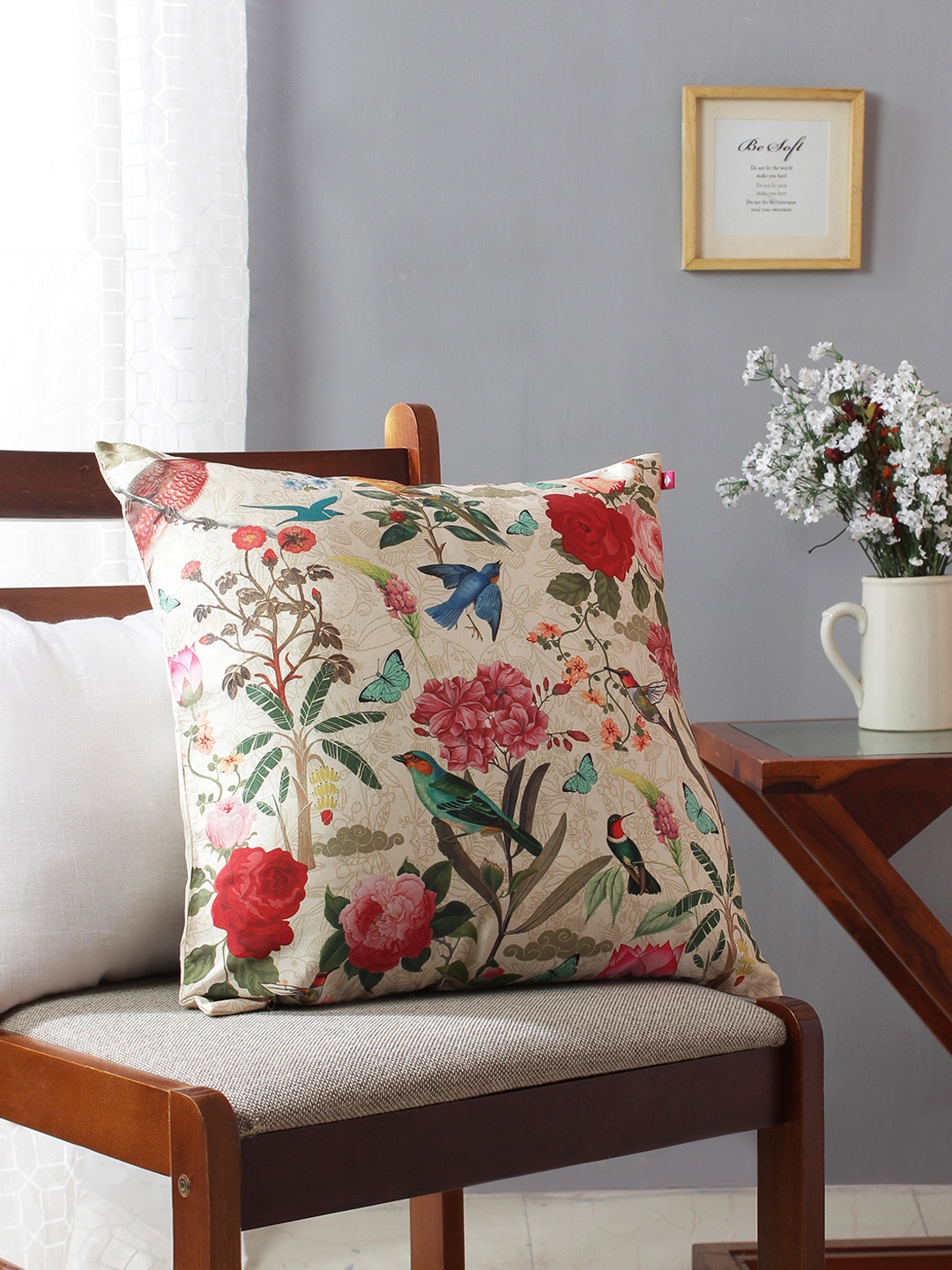 

India Circus by Krsnaa Mehta Cream-Coloured Single Floral Square Silk Cushion Cover