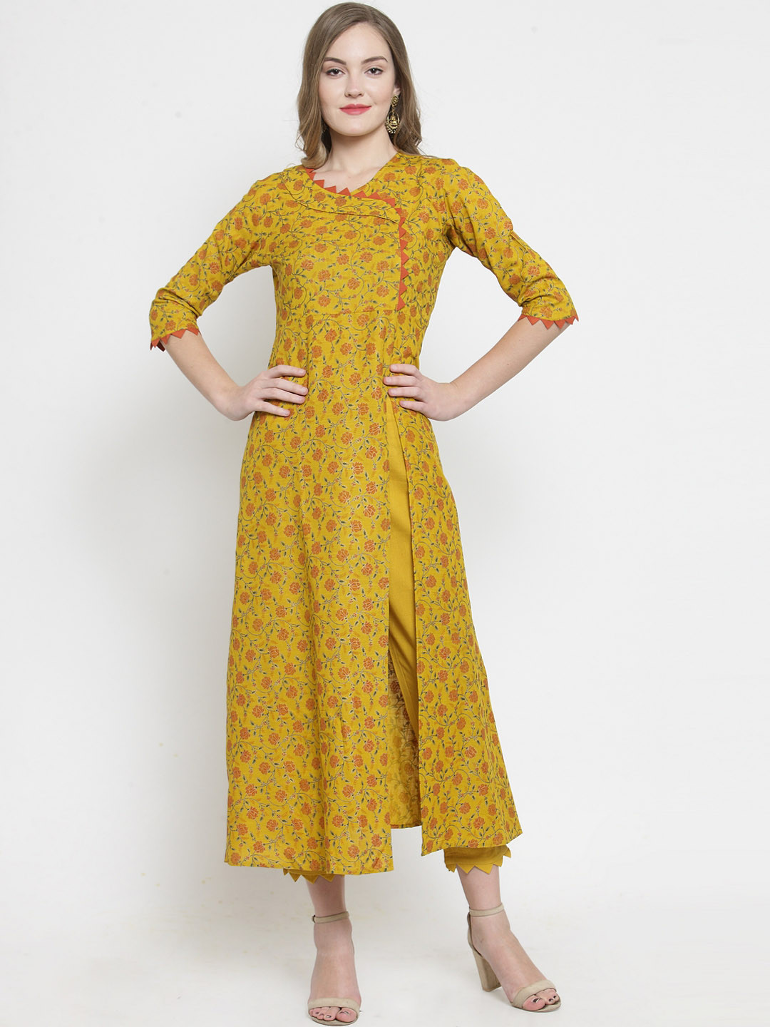 

Indibelle Women Mustard Printed Kurta with Trousers