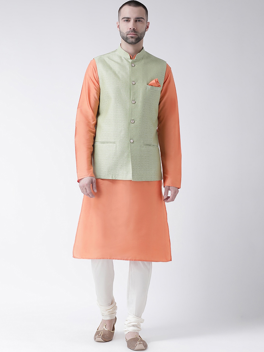 

KISAH Men Orange & White Kurta with Churidar & Green Self Design Nehru Jacket
