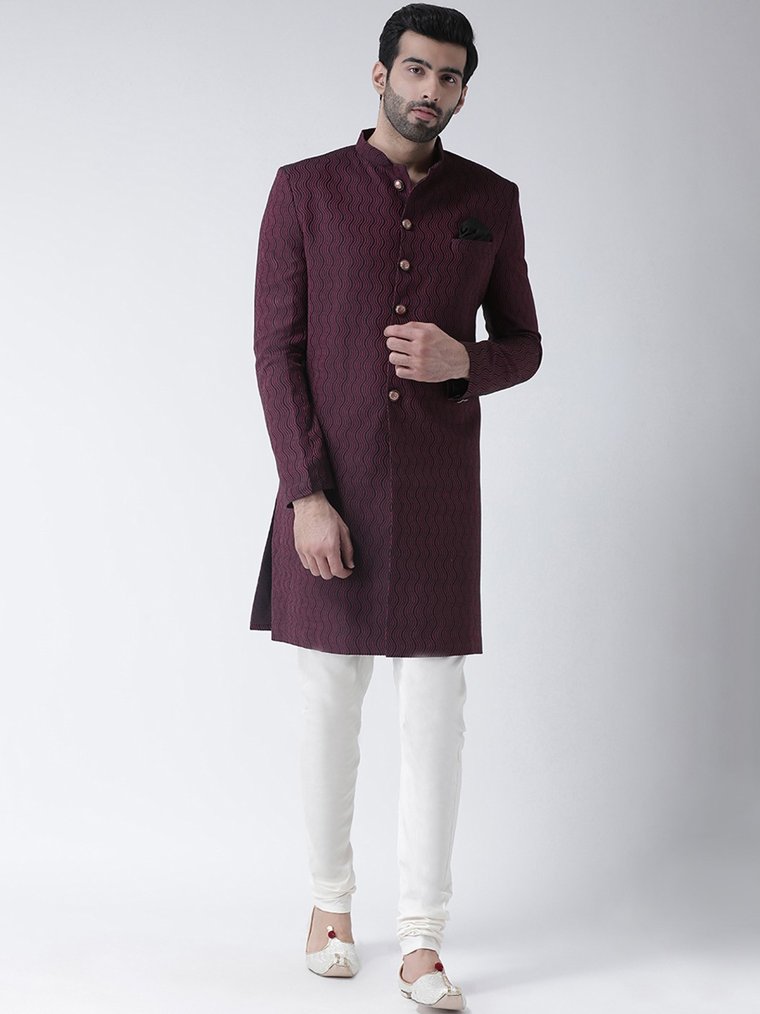 

KISAH Men Maroon & Black Woven Design Indowestern Sherwani