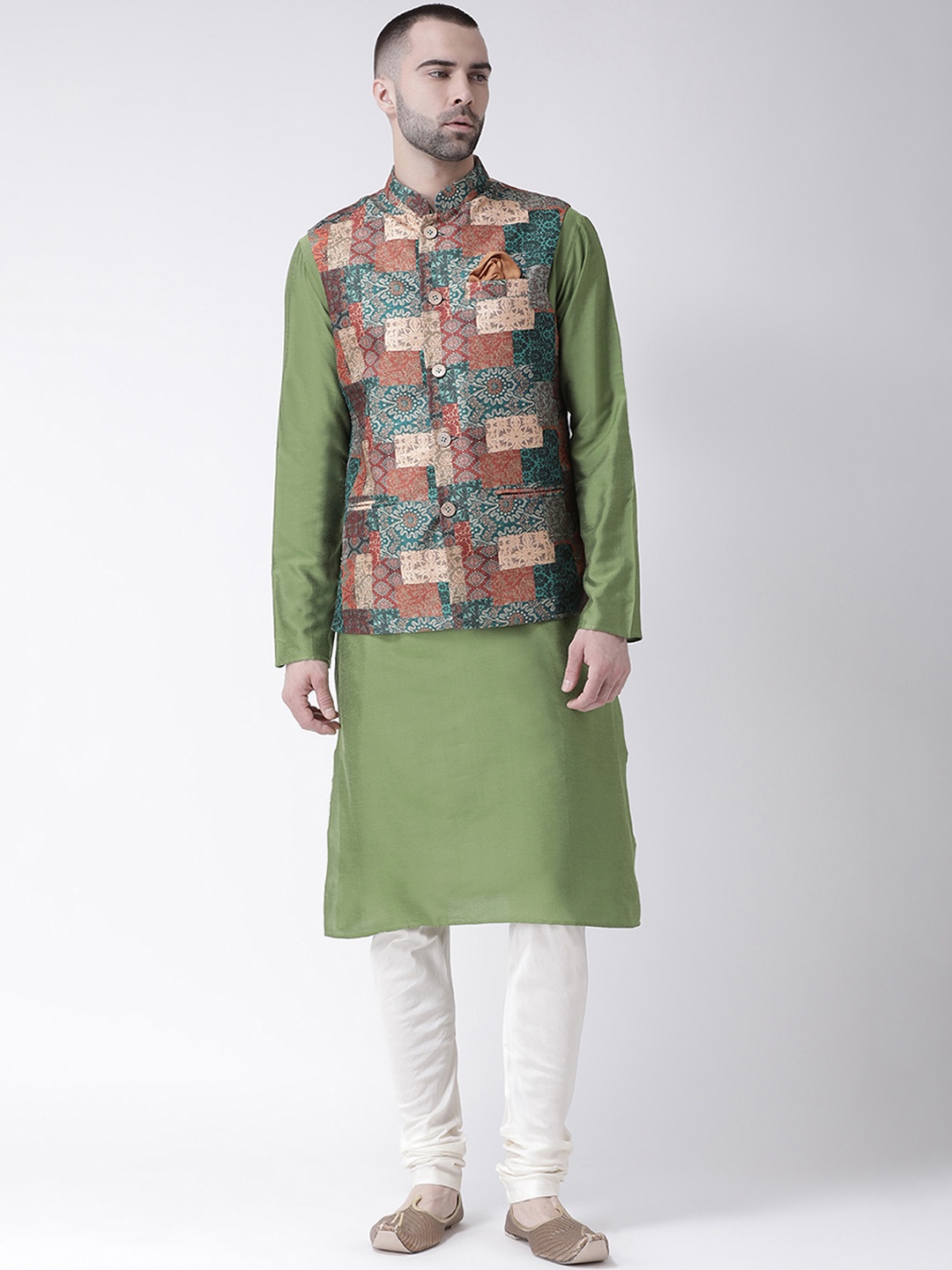 

KISAH Men Multicoloured Printed Kurta with Churidar & Nehru Jacket, Multi