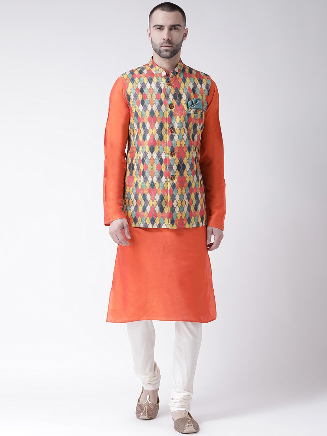 

KISAH Men Multicoloured Printed Kurta with Churidar & Nehru Jacket, Multi
