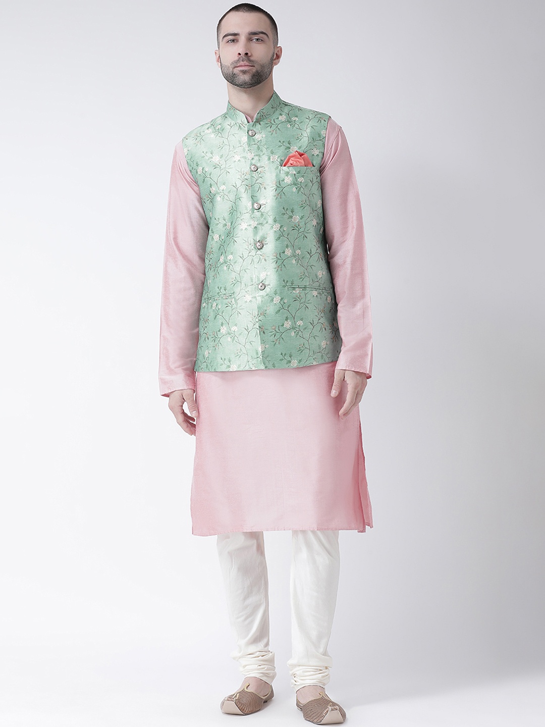 

KISAH Men Pink & White Solid Churidar Kurta with Nehru Jacket