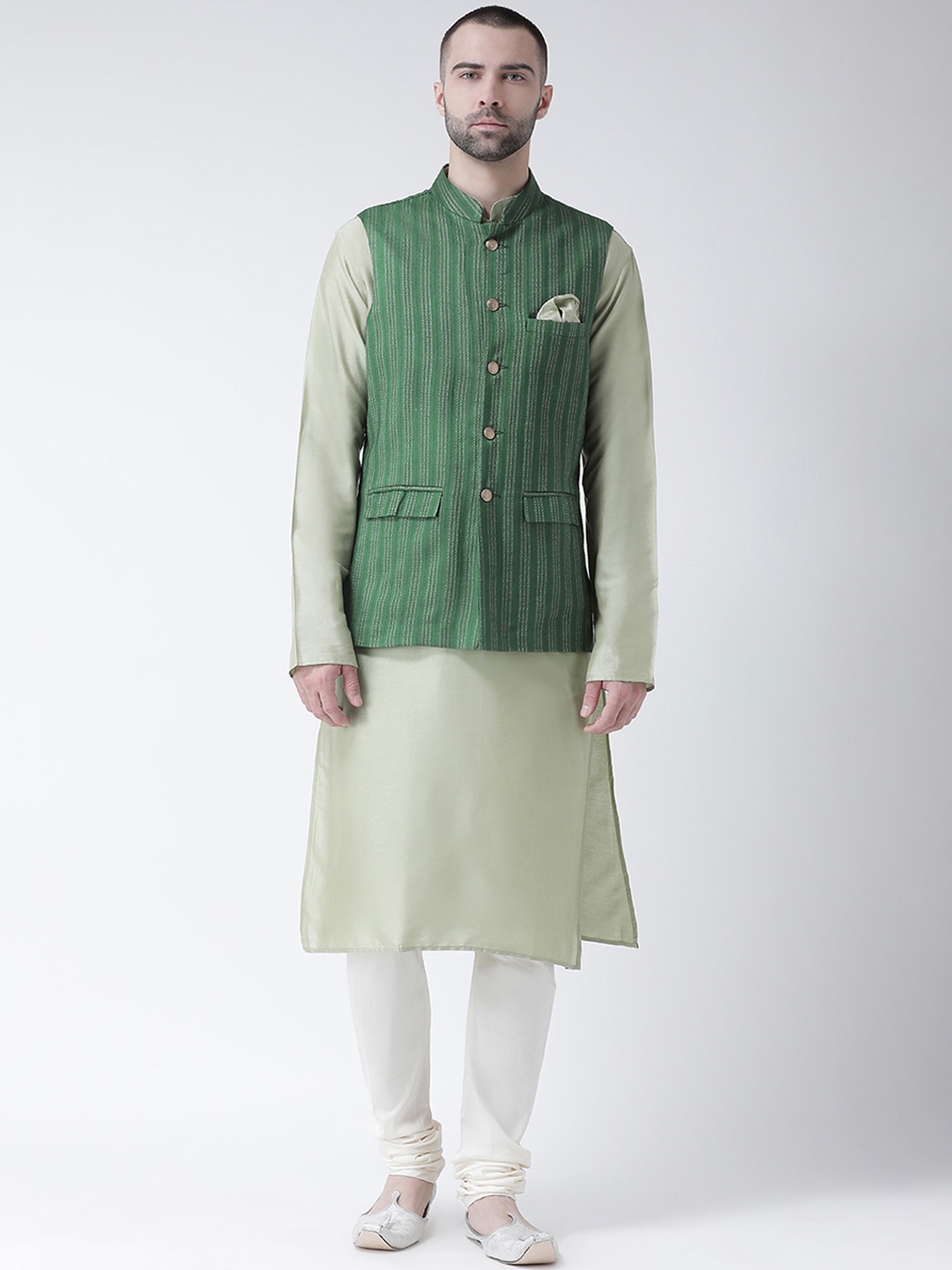 

KISAH Men Green & Off-White Striped Churidar Kurta with Nehru Jacket