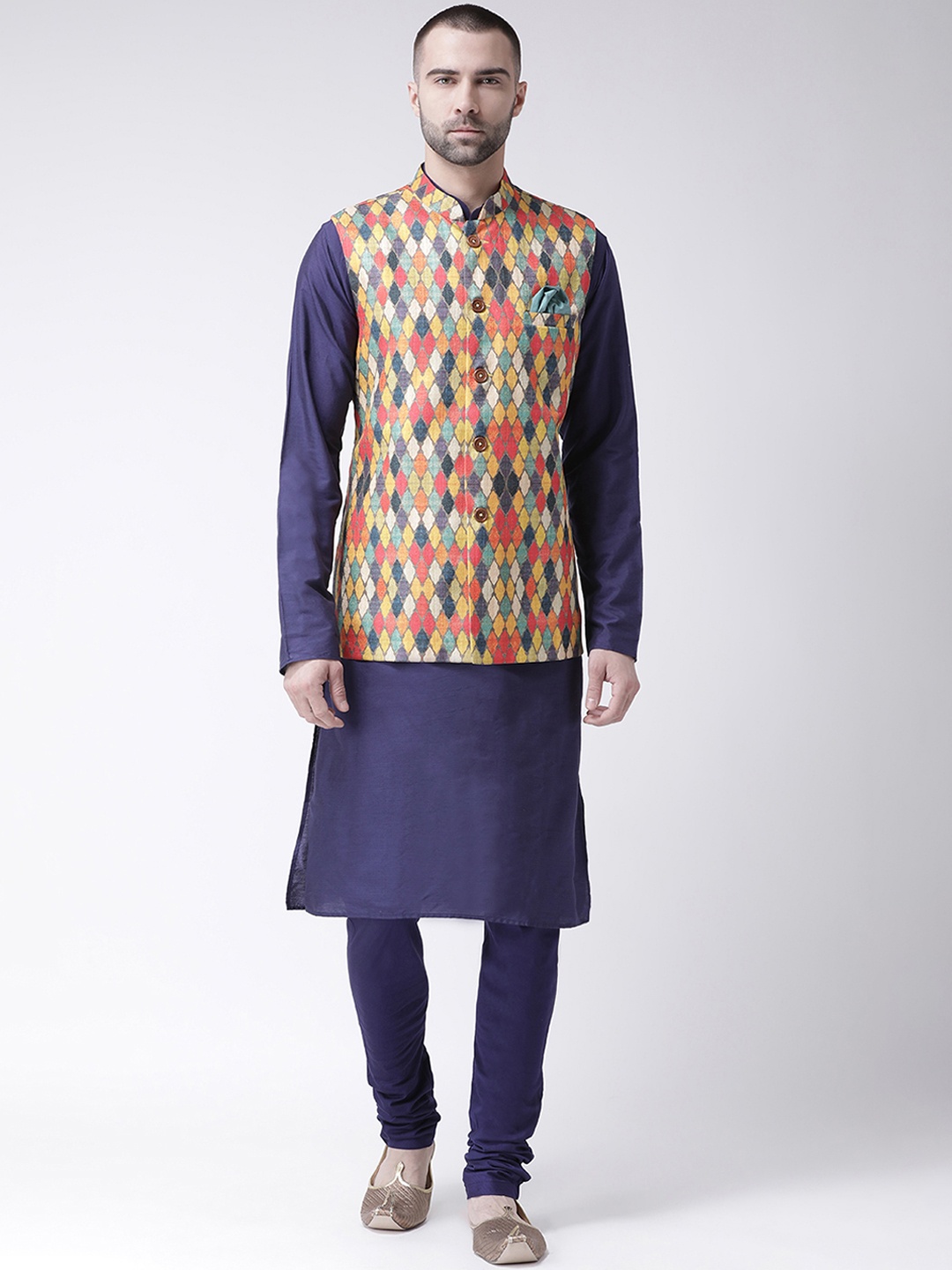KISAH Men Multicoloured Printed Kurta with Churidar & Nehru Jacket, Multi