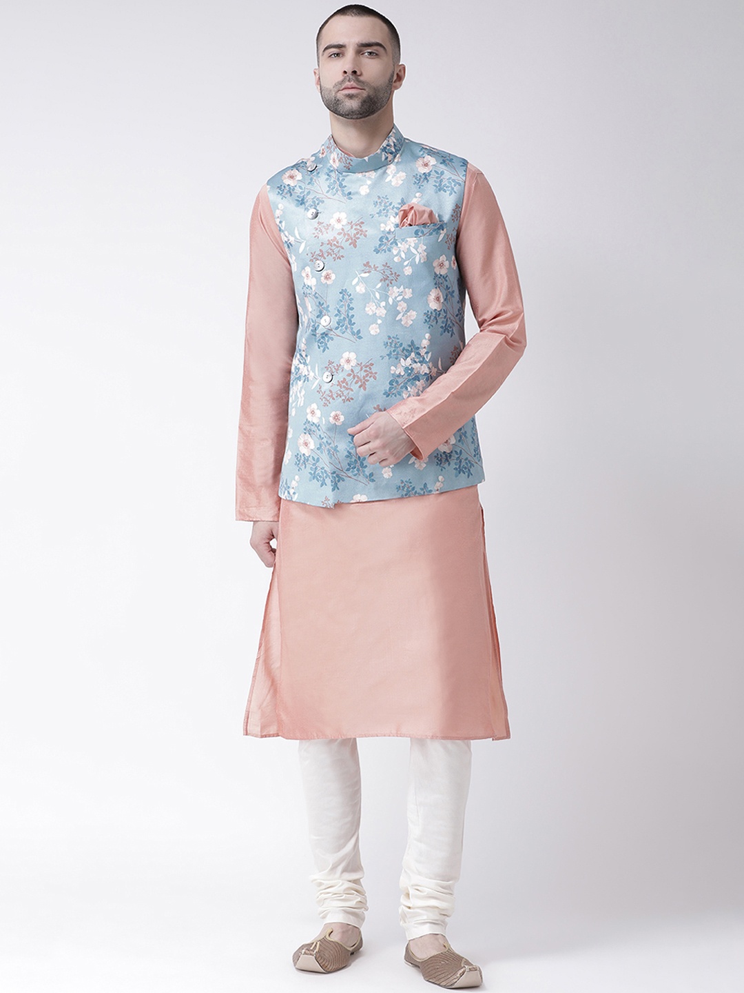 

KISAH Men Pink & White Solid Churidar Kurta with Nehru Jacket