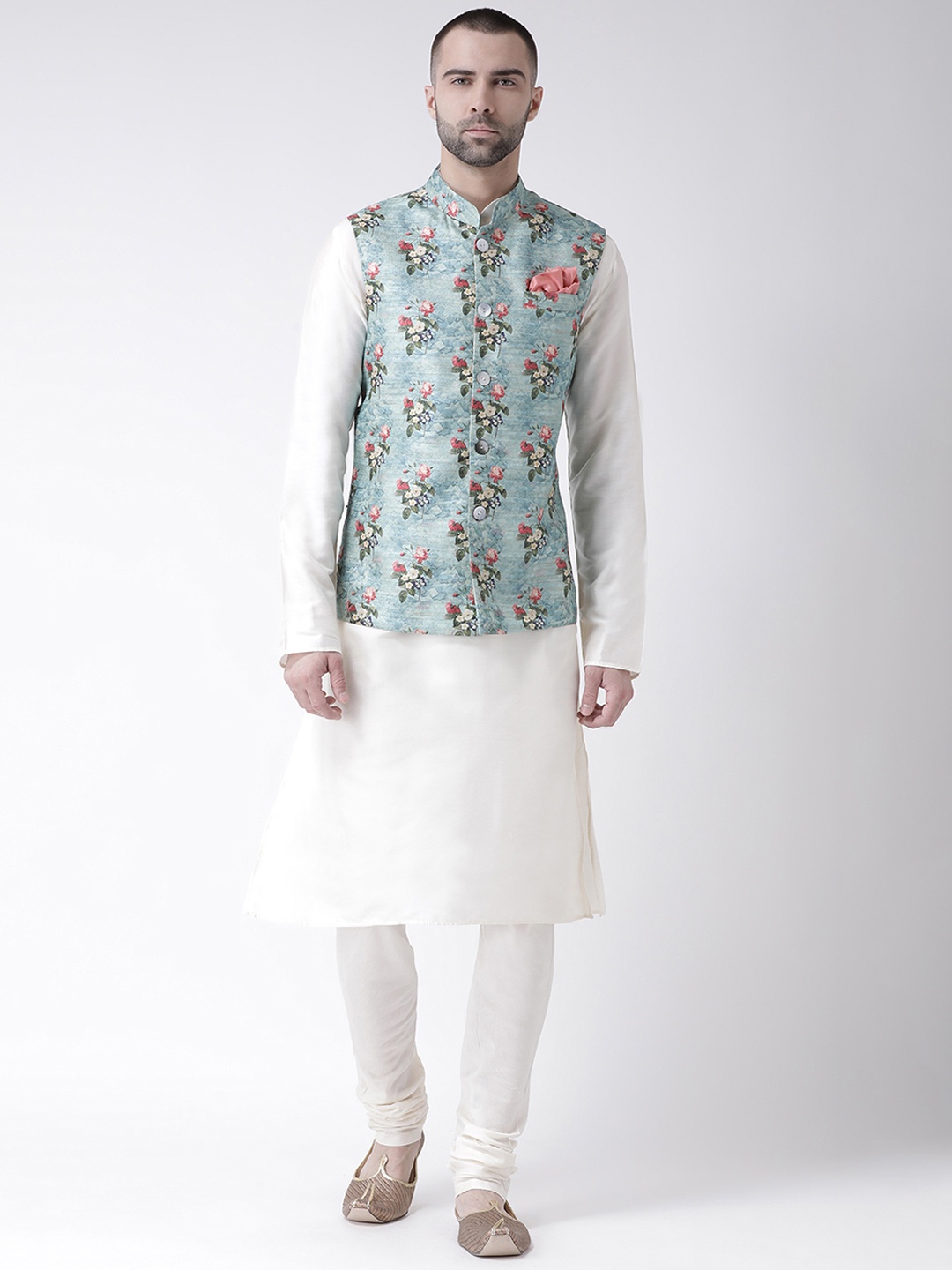 

KISAH Men Off-White Solid Kurta with Churidar & Blue Printed Nehru Jacket