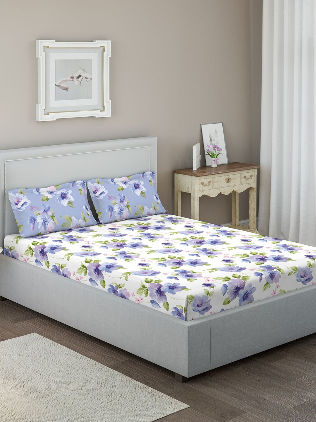 

DDecor Blue Floral 144 TC Cotton 1 Queen Bedsheet with 2 Pillow Covers