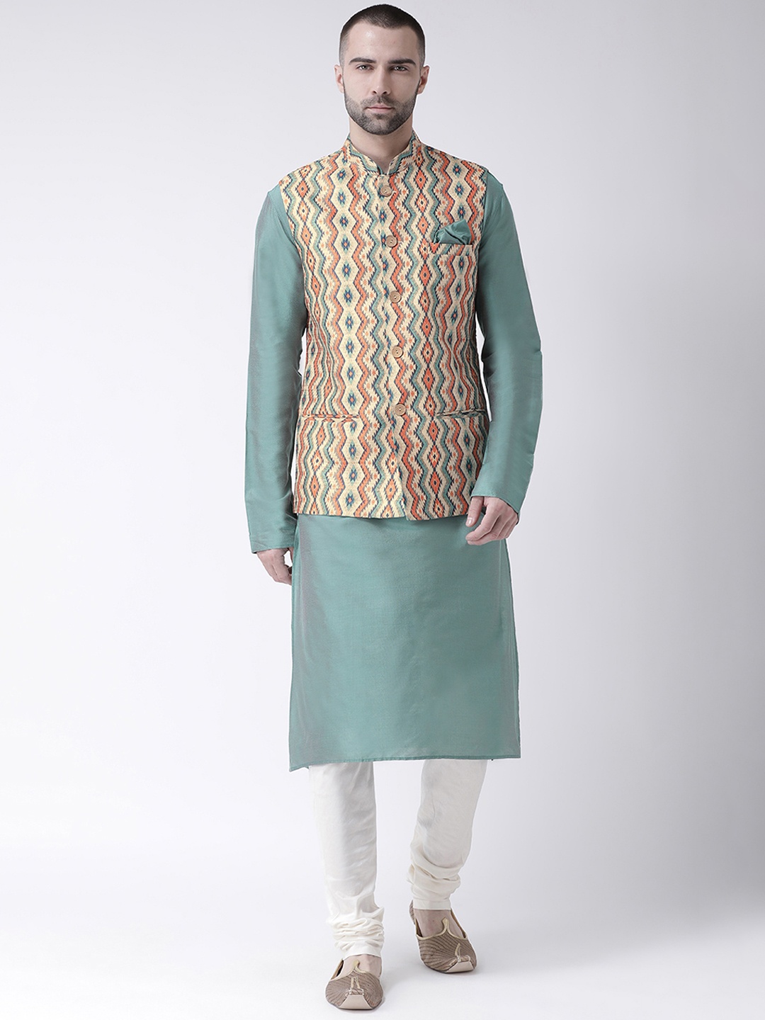 

KISAH Men Teal Grey & White Solid Kurta with Churidar & Multicoloured Printed Nehru Jacket, Multi