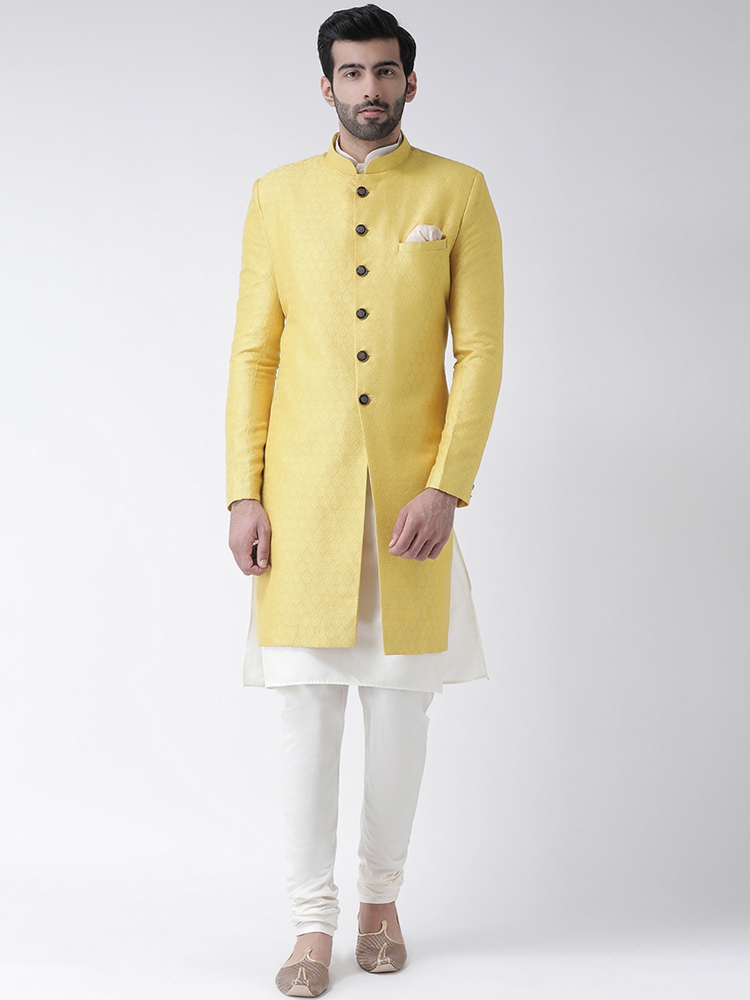 

KISAH Men Indowestern Sherwani Churidar Set, Yellow
