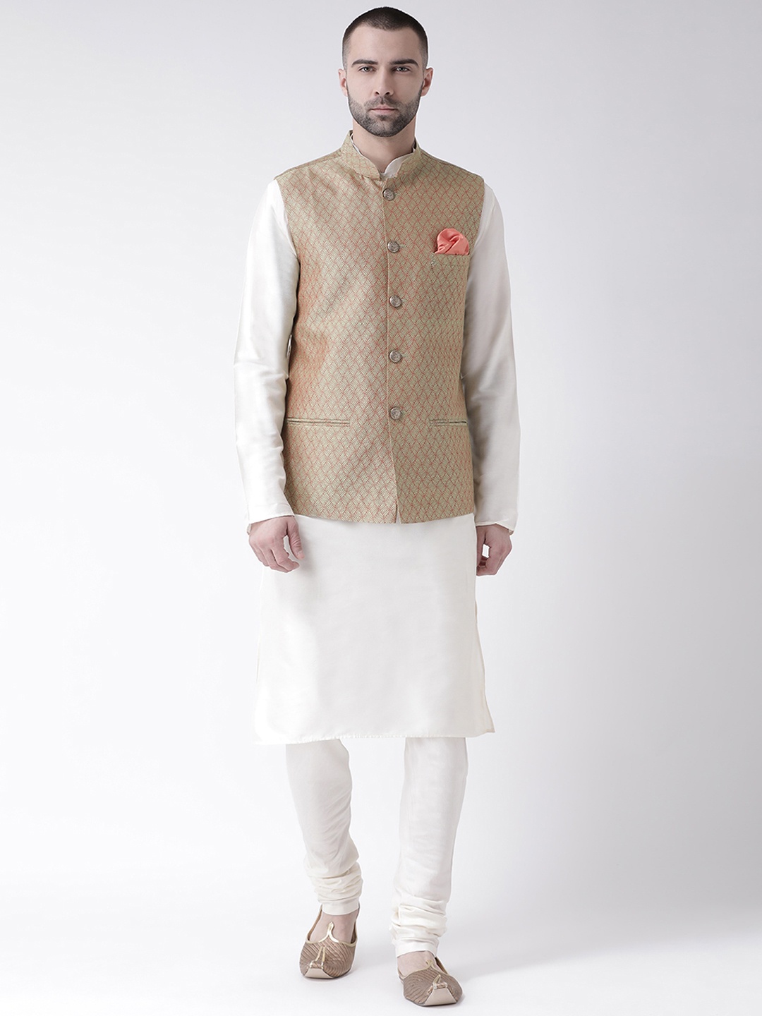 

KISAH Men White Solid Kurta with Churidar & Beige Nehru Jacket