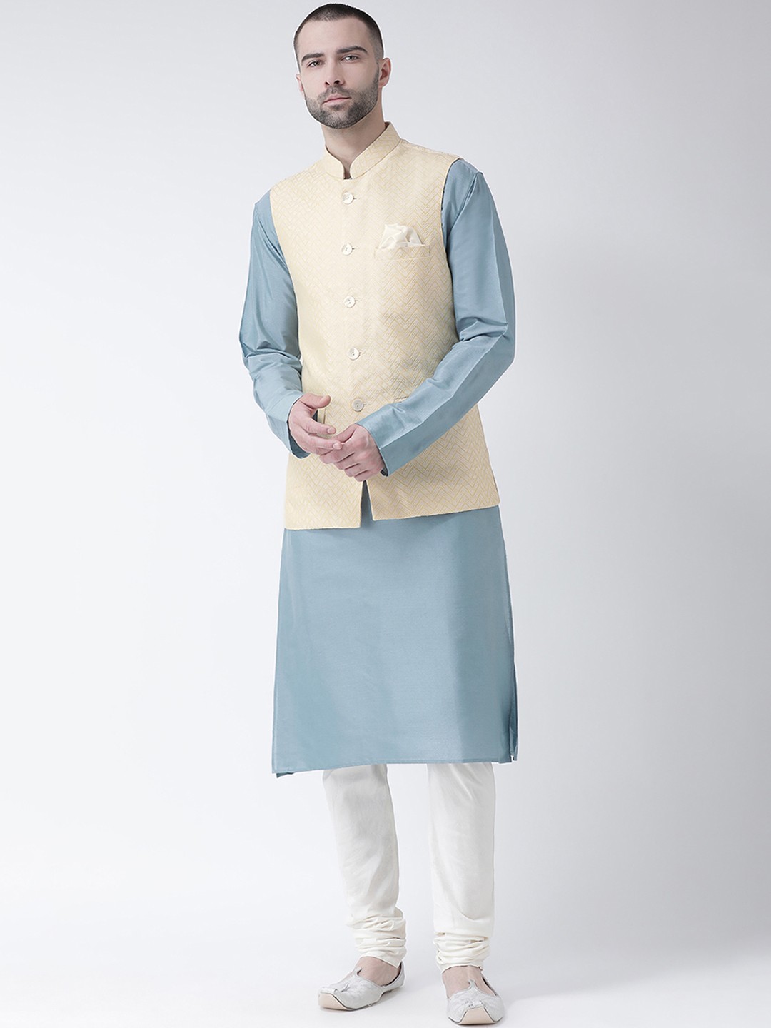 

Kisah Men's Cream Jacquard Nehru Jacket with Kurta and Churidar Set