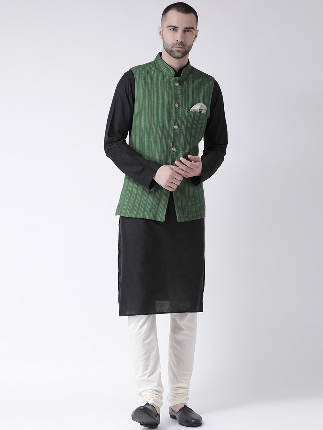 

KISAH Men Green & Black Self-Design Churidar Kurta with Nehru Jacket